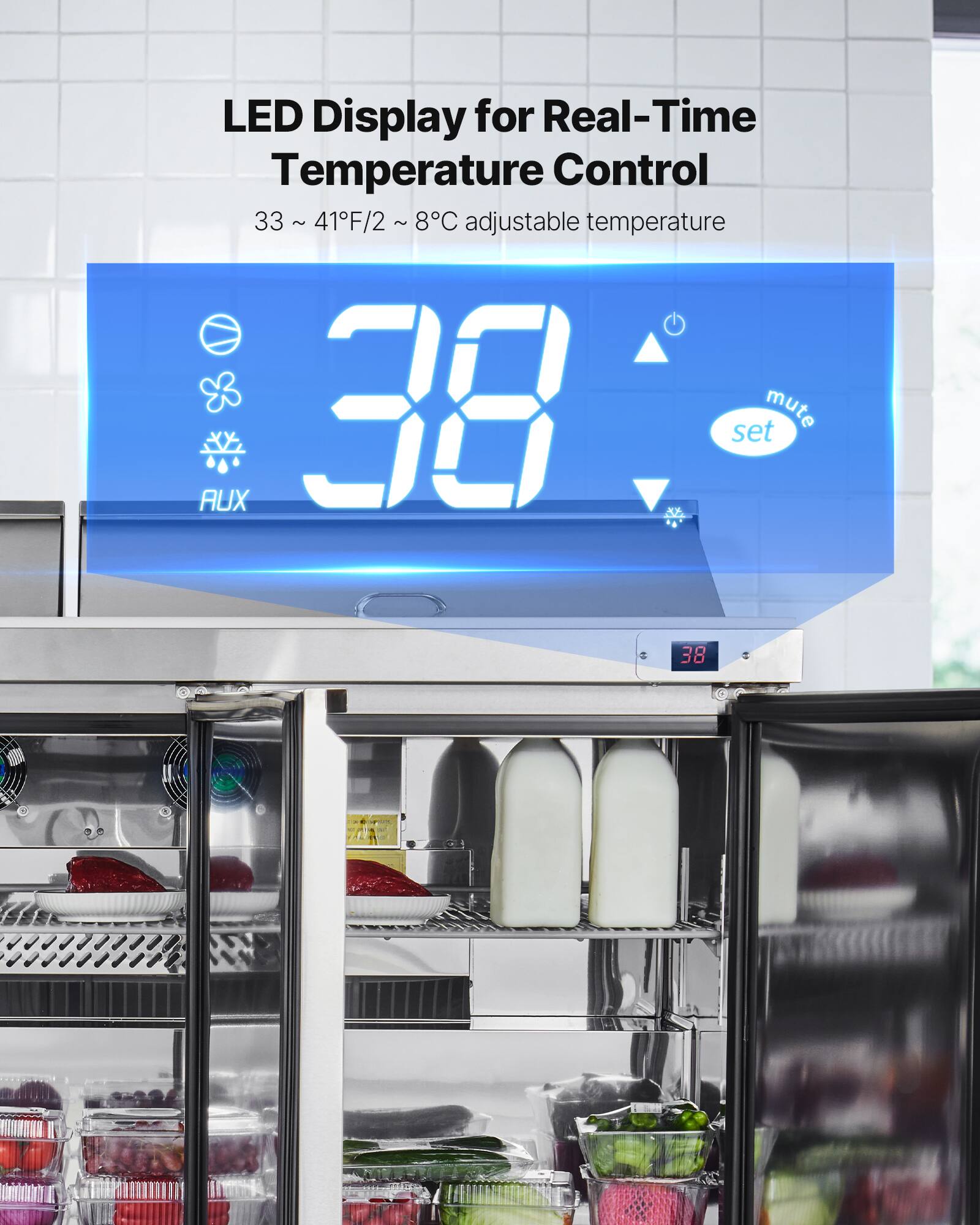 LED Display for Real-Time Temperature Control  
33 ~ 41°F/2 ~ 8°C adjustable temperature  
AUX  
38  
set mute