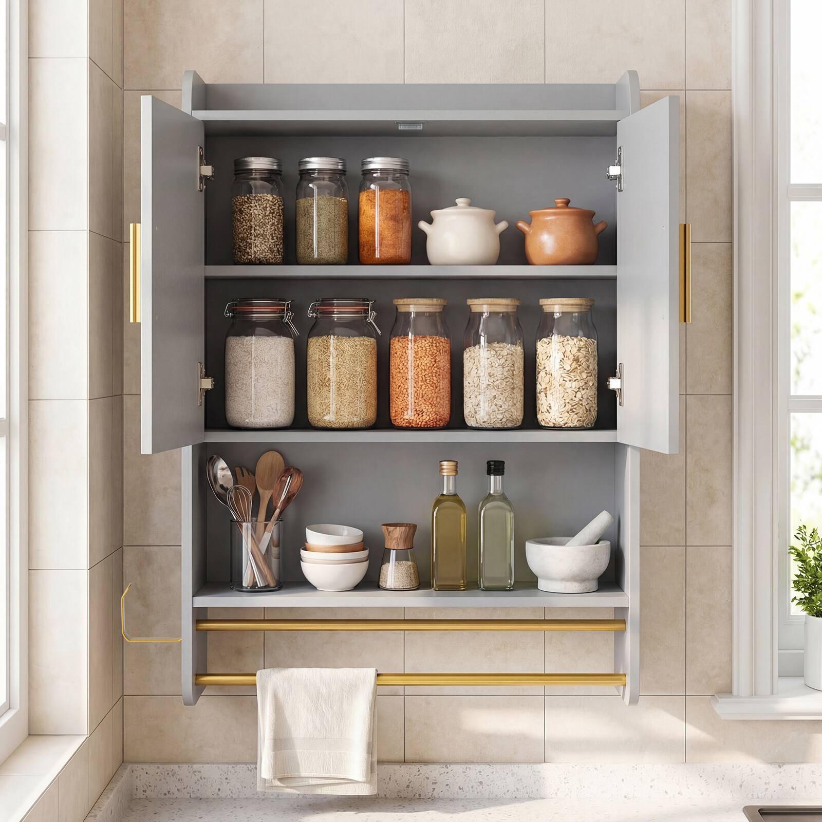 Alt View 4. Costway - Costway Bathroom Wall Cabinet with Towel Bars Toilet Paper Holder Open Shelves for Laundry - Gray.