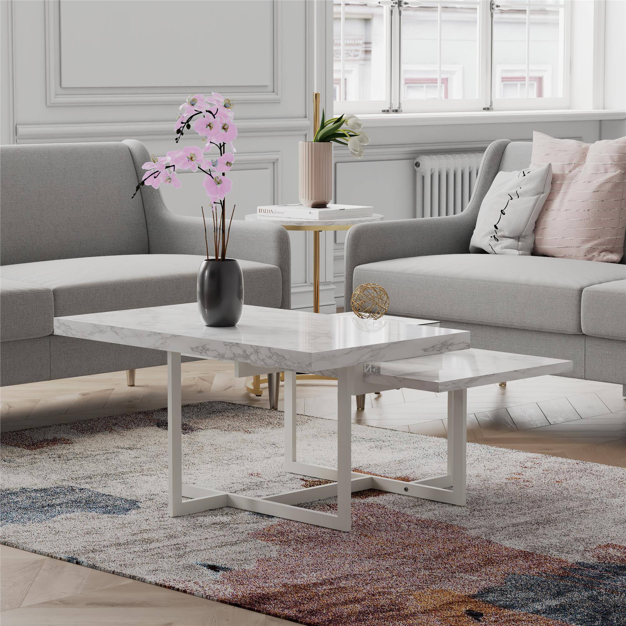 Front. Aukfa - Coffee Table - MDF & Metal Frame, White Faux Marble Top, 2-Tier 50lb Capacity, 35.4"W x 36"D - White.