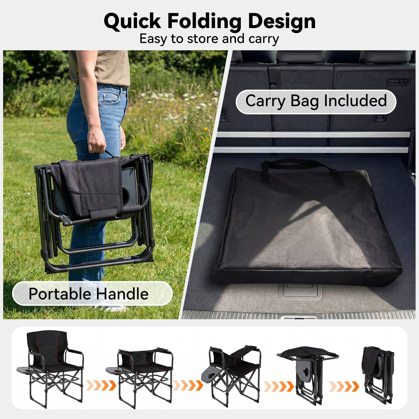 Quick Folding Design  
Easy to store and carry  
Carry Bag Included  
Portable Handle