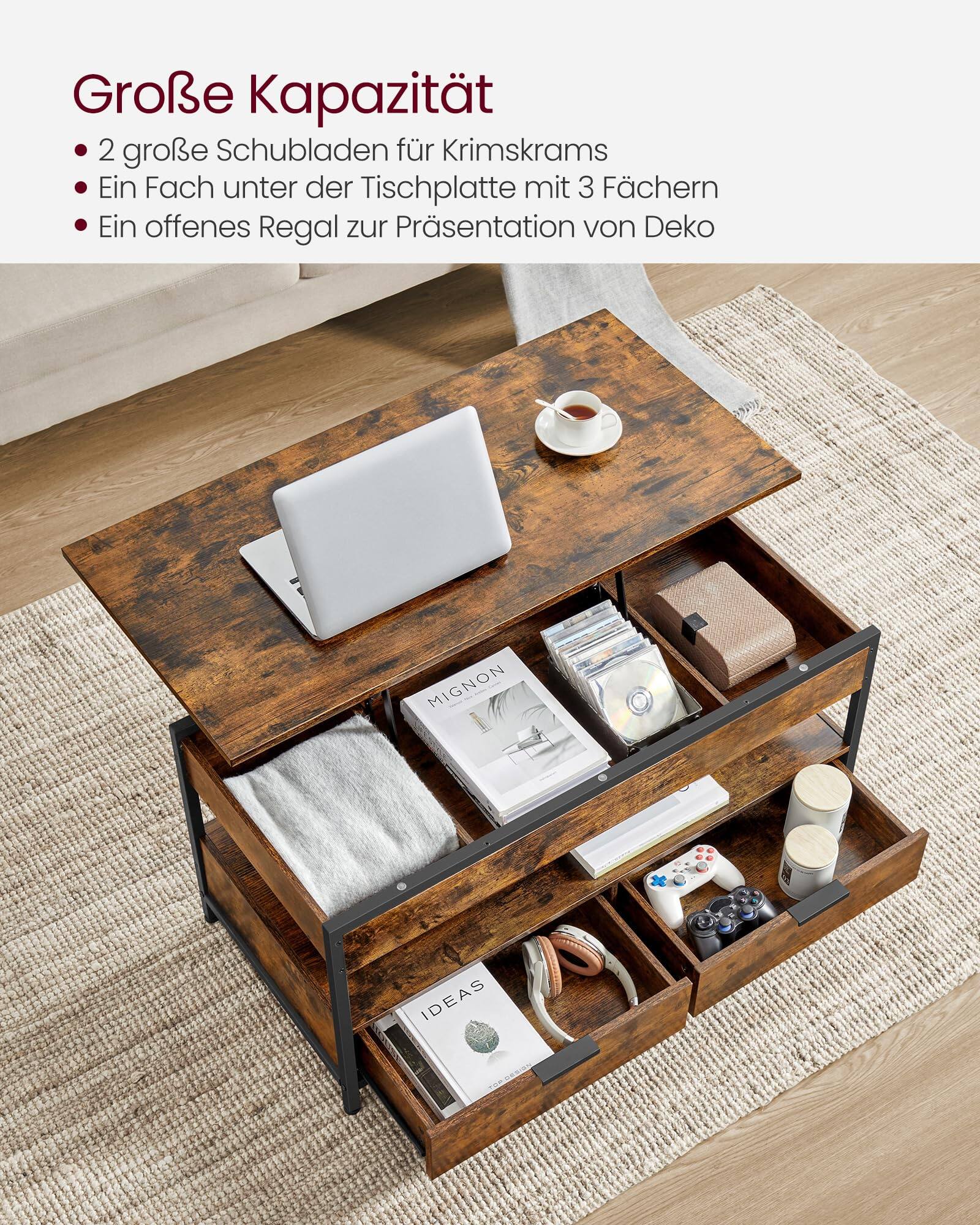 Große Kapazität  
- 2 große Schubladen für Krimskrams  
- Ein Fach unter der Tischplatte mit 3 Fächern  
- Ein offenes Regal zur Präsentation von Deko