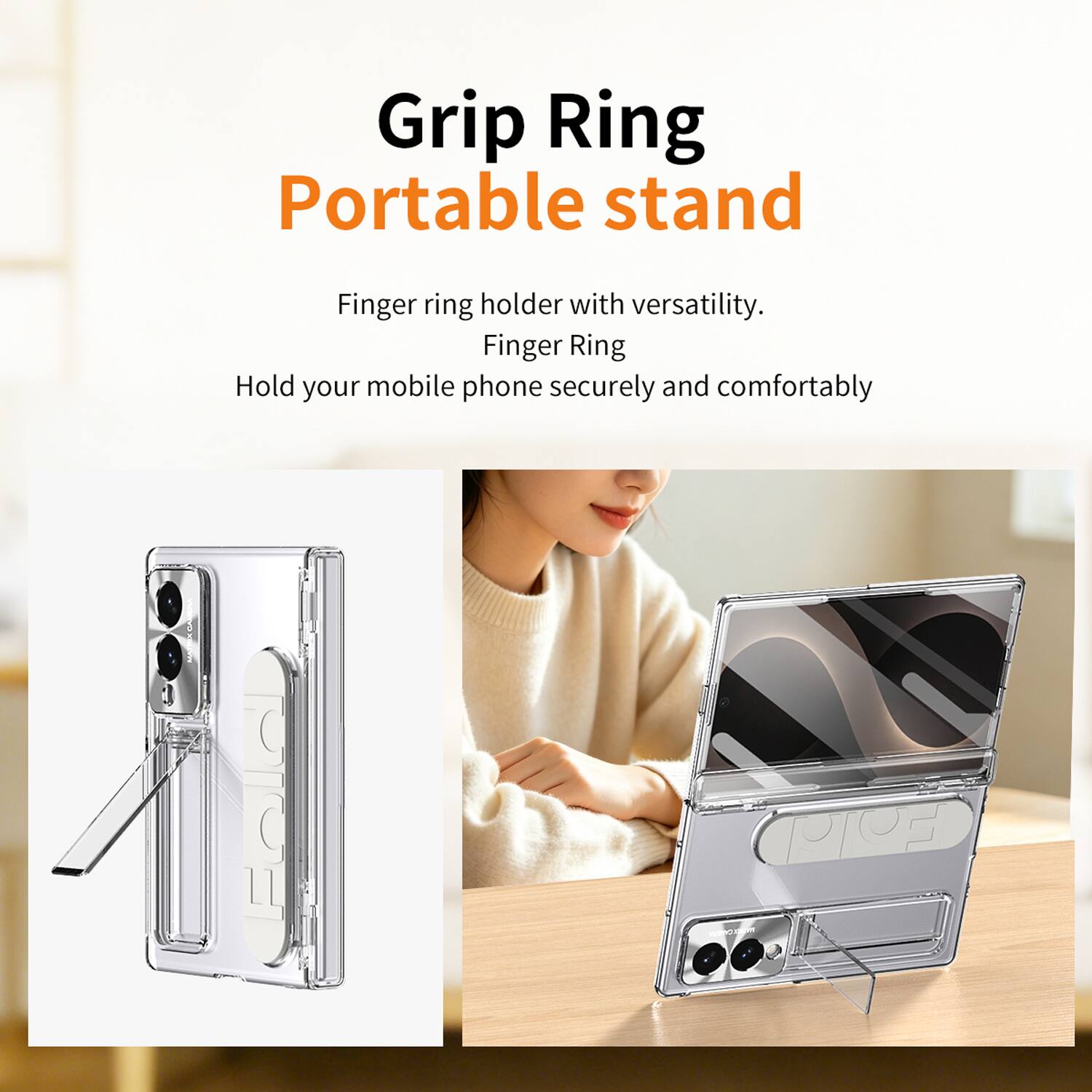 Grip Ring Portable stand

Finger ring holder with versatility. Finger Ring Hold your mobile phone securely and comfortably