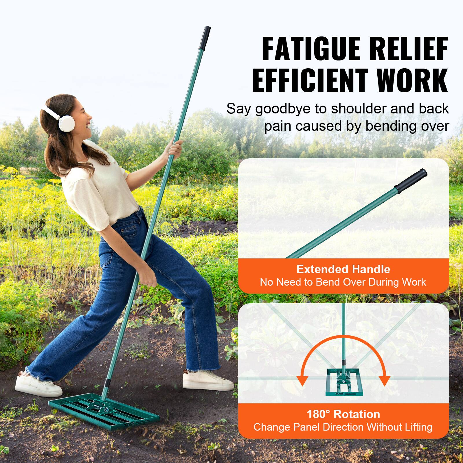 FATIGUE RELIEF  
EFFICIENT WORK  

Say goodbye to shoulder and back pain caused by bending over  

Extended Handle  
No Need to Bend Over During Work  

180° Rotation  
Change Panel Direction Without Lifting