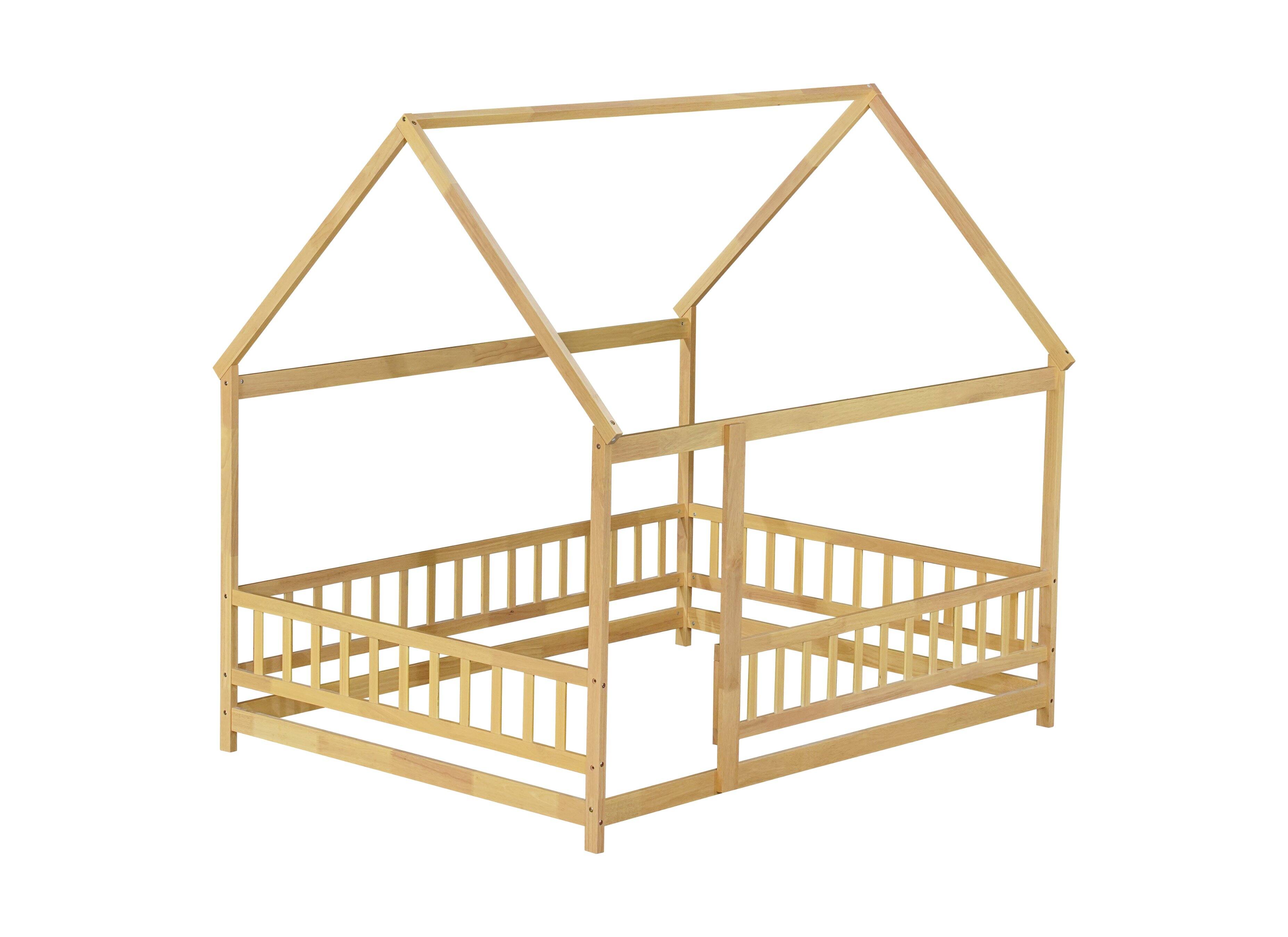 Alt View 8. Tiramisubest - Full Size House Floor Wooden Bed with Roof Frame, Safety Guardrails,Natural - Natural.