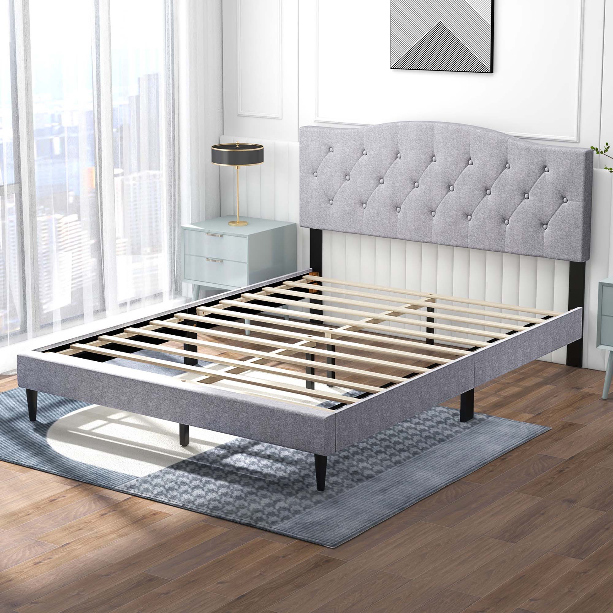 Alt View 3. Costway - Queen Size Upholstered Platform Bed Linen Bed Frame with Button Tufted Headboard - Gray.