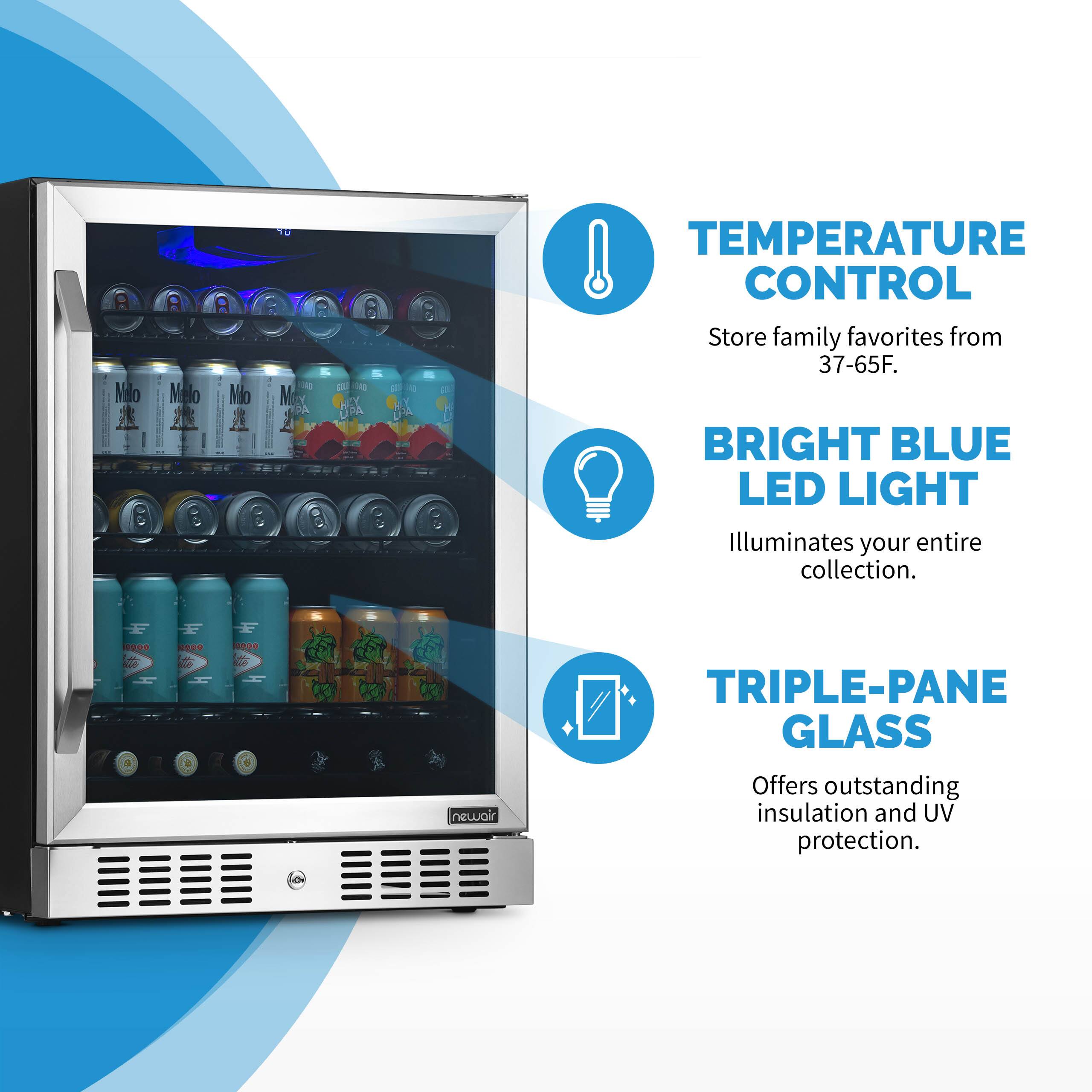 The text on the image reads:

Temperature control: Store family favorites from 37-65F.
Bright blue LED light: Illuminates your entire collection.
Triple-pane glass: Offers outstanding insulation and UV protection.