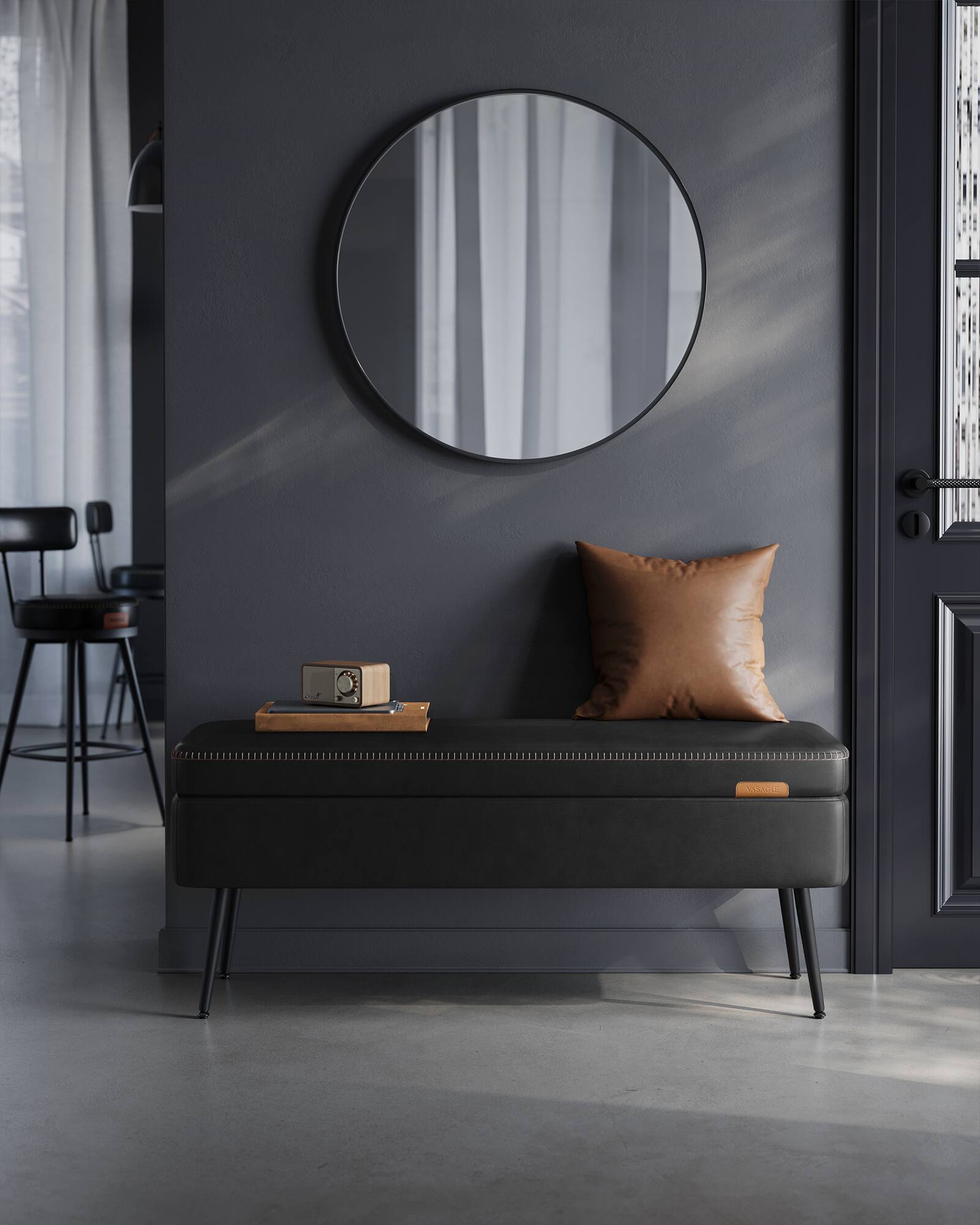 Left. Songmics Home - VASAGLE EKHO Collection Storage Ottoman Bench – Black, Synthetic Leather with Stitching - Black.
