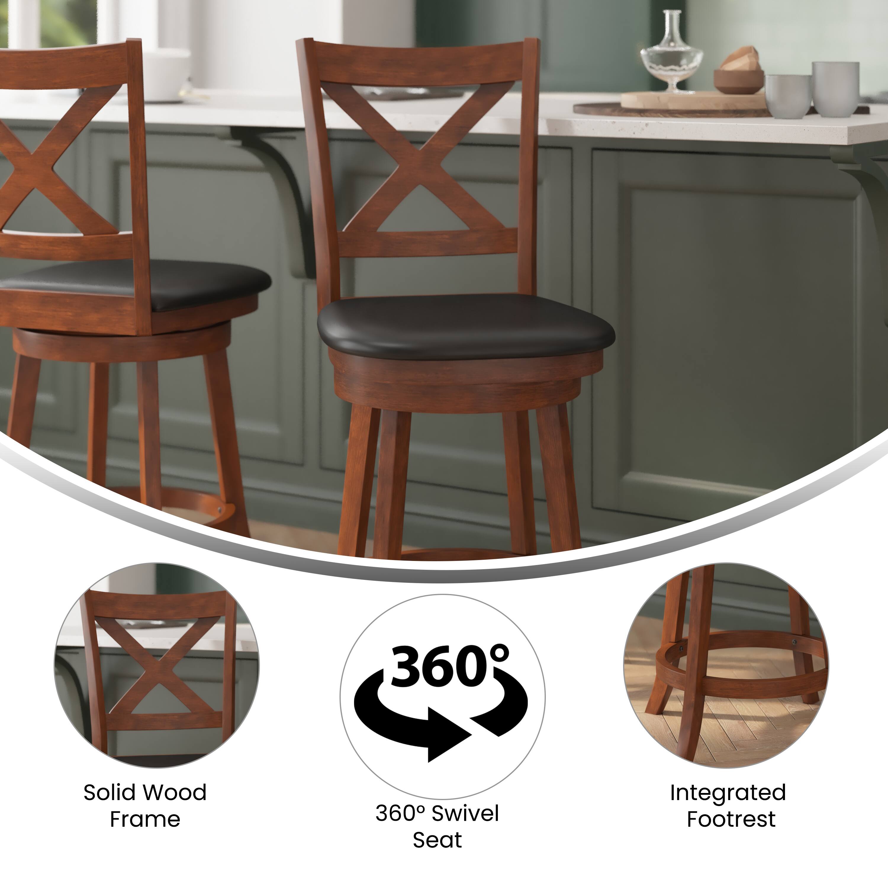 - Solid Wood Frame
- 360° Swivel Seat
- Integrated Footrest