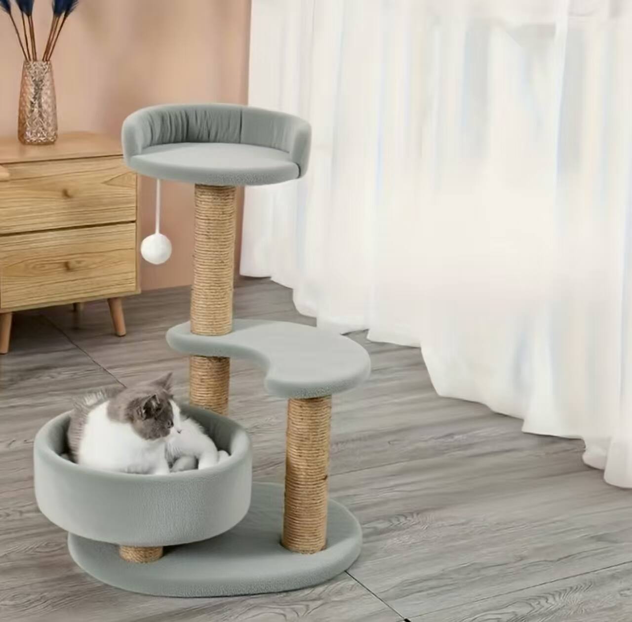 Left. Dexmalle - Dexmalle-Multi-tiered cat tree with scratching posts and interactive ball toy-Grey - Grey.