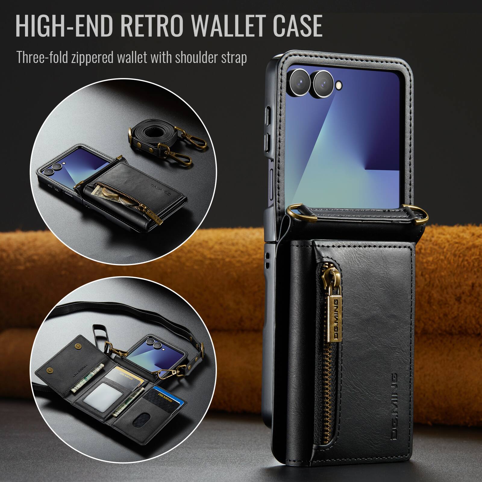 HIGH-END RETRO WALLET CASE  
Three-fold zippered wallet with shoulder strap