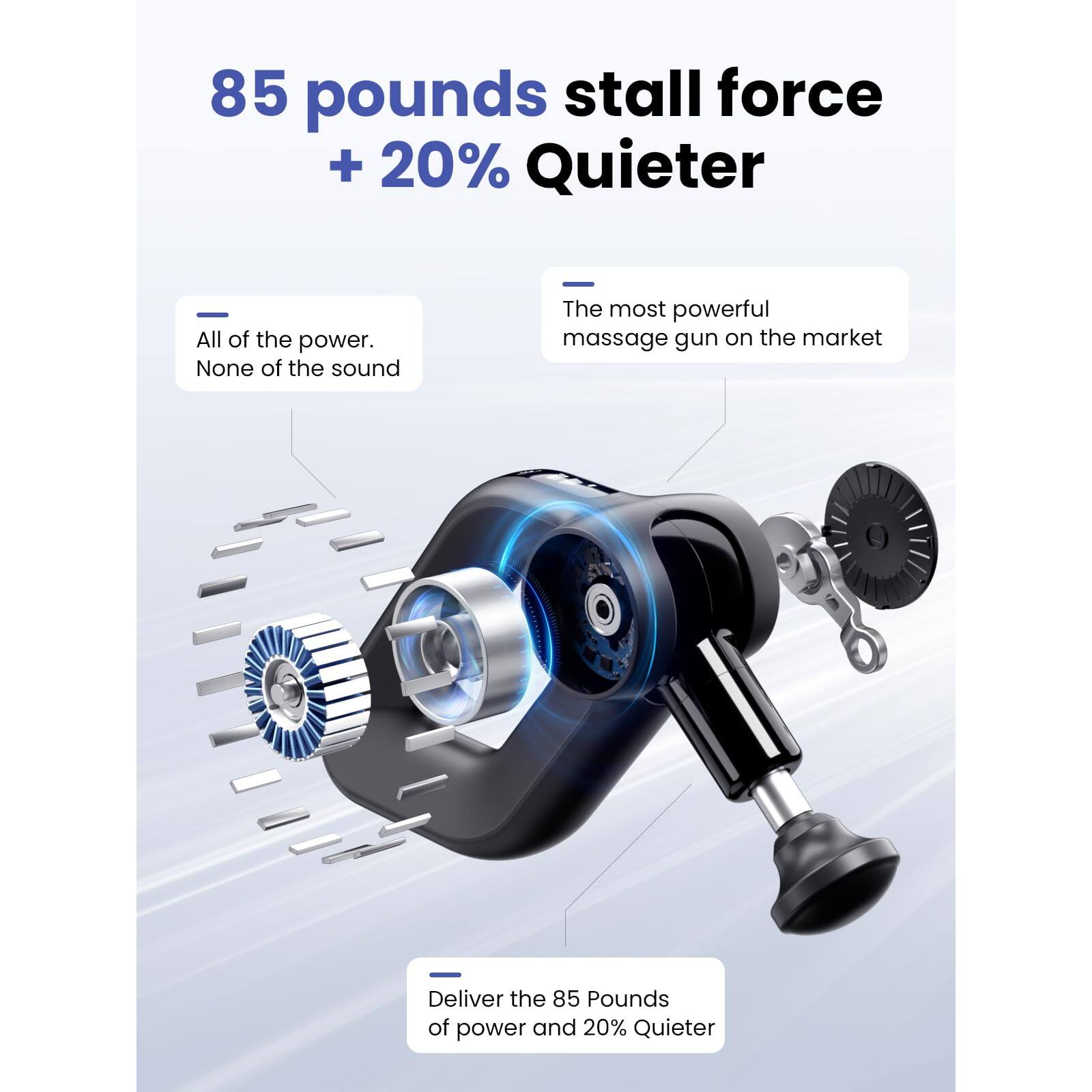 85 pounds stall force + 20% Quieter

All of the power. None of the sound

The most powerful massage gun on the market

Deliver the 85 pounds of power and 20% Quieter