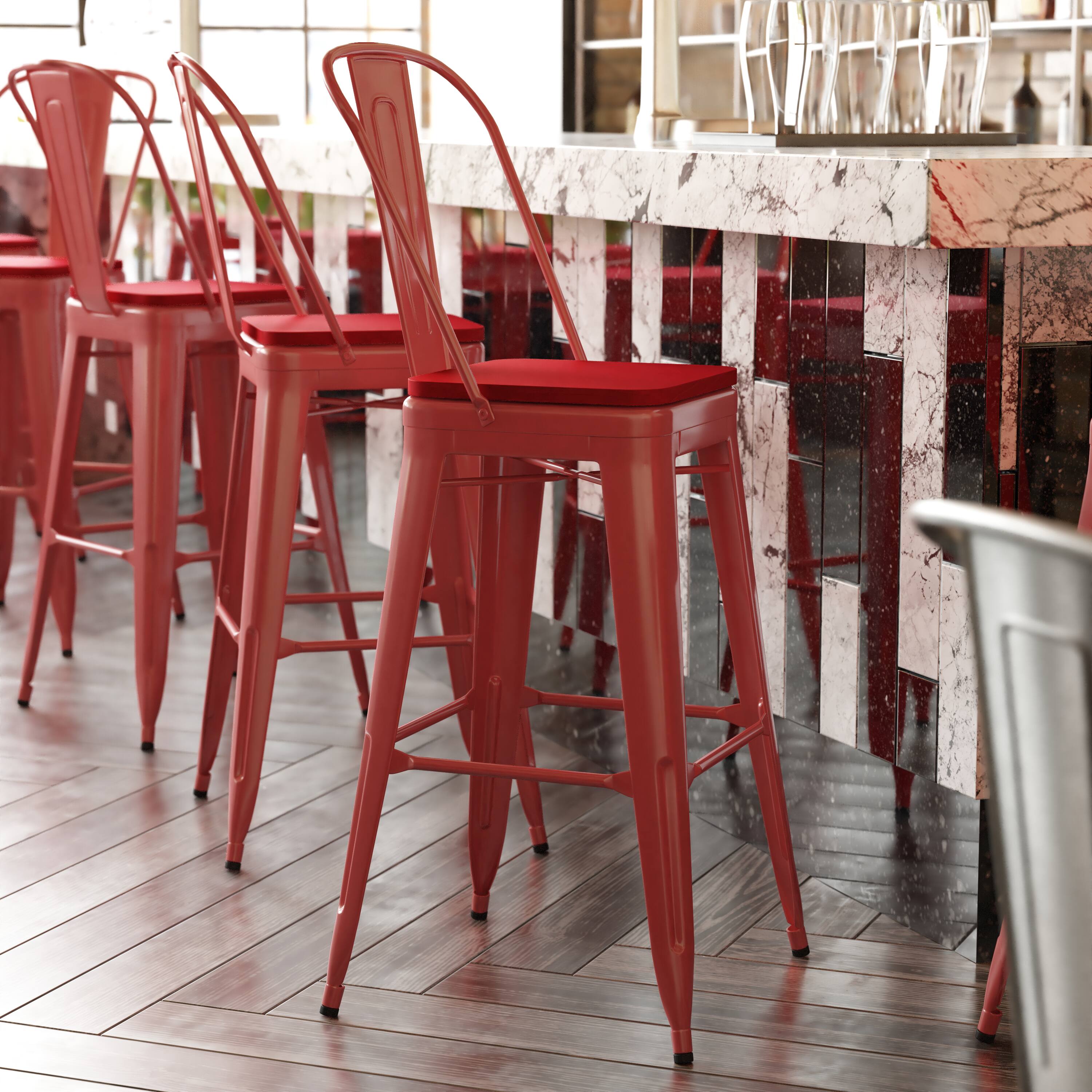 Alt View 1. Emma + Oliver - Kam Metal Indoor-Outdoor Stool with Removable Back and All-Weather Polystyrene Seat - Red Seat/Red Frame.
