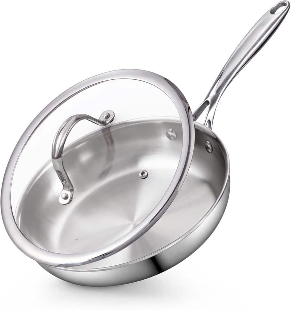 Cooks Standard - Multi-Ply Clad 8-Inch Frying Pan with Glass Lid, Egg Omelet Pan & Small Wok Stir Fry Pan Skillet - Stainless Steel