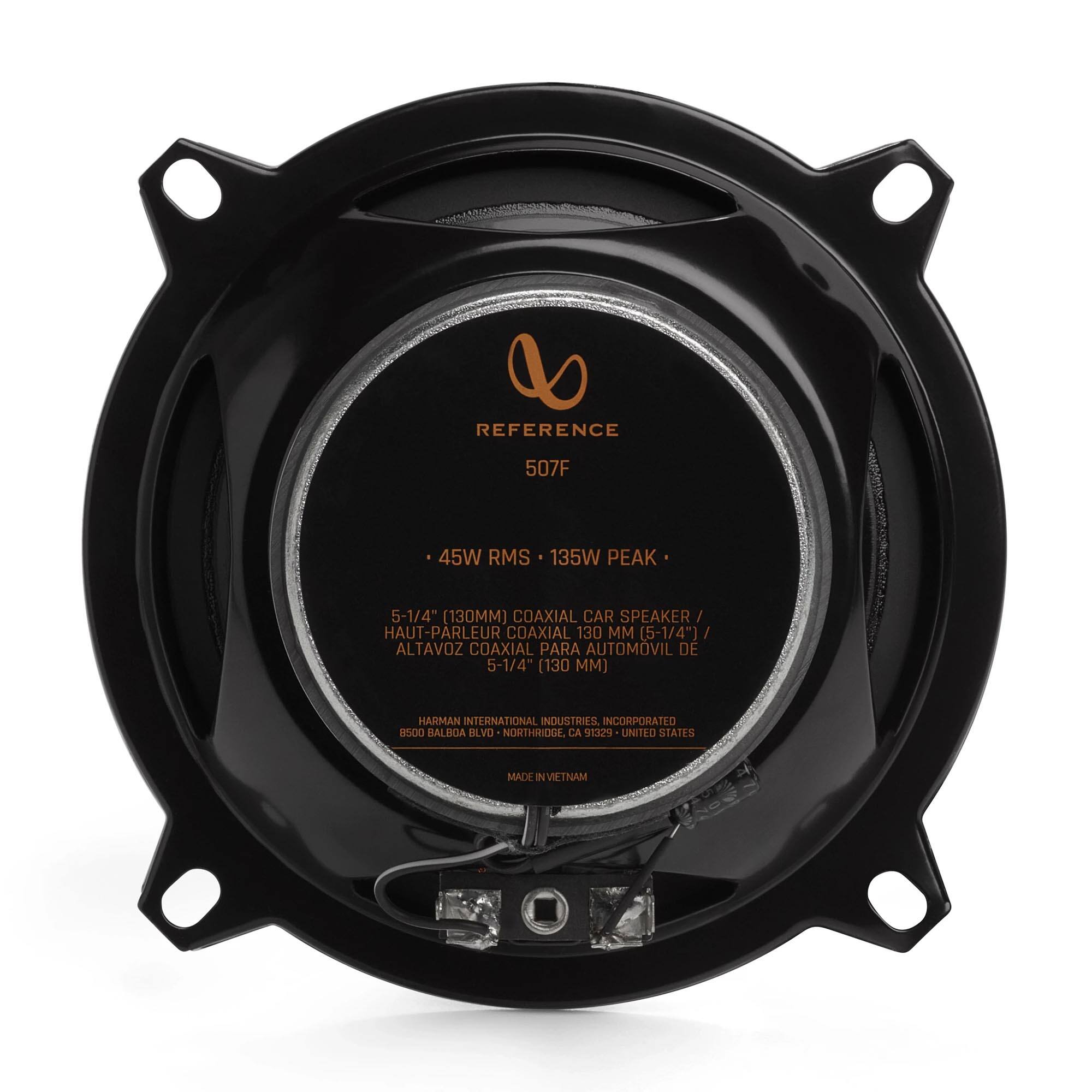 REFERENCE 507F  
45W RMS 135W PEAK  
5-1/4" (130MM) COAXIAL CAR SPEAKER  
HAUT-PARLEUR COAXIAL 130 (5-1/4")  
ALTAVOZ COAXIAL PARA AUTOMÓVIL DE 5-1/4" (130 MM)  
HARMAN INTERNATIONAL INDUSTRIES INCORPORATED  
3500 BALBOA BLVD NORTHROCKE CA 9029 UNITED STATES  
MADE IN VIETNAM