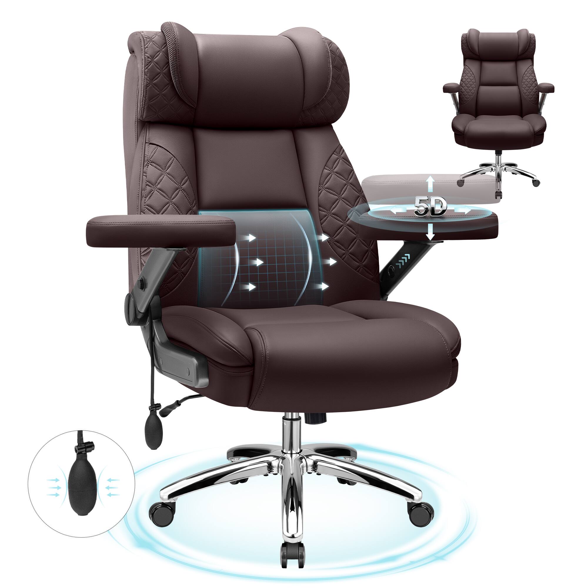 Angle. Brick Attic - 500lbs Big&Tall Executive Office Chair,High Back Ergonomic  Computer Chair with Adjustable Lumbar Support &5D Flip Arms - Coffee Brown.