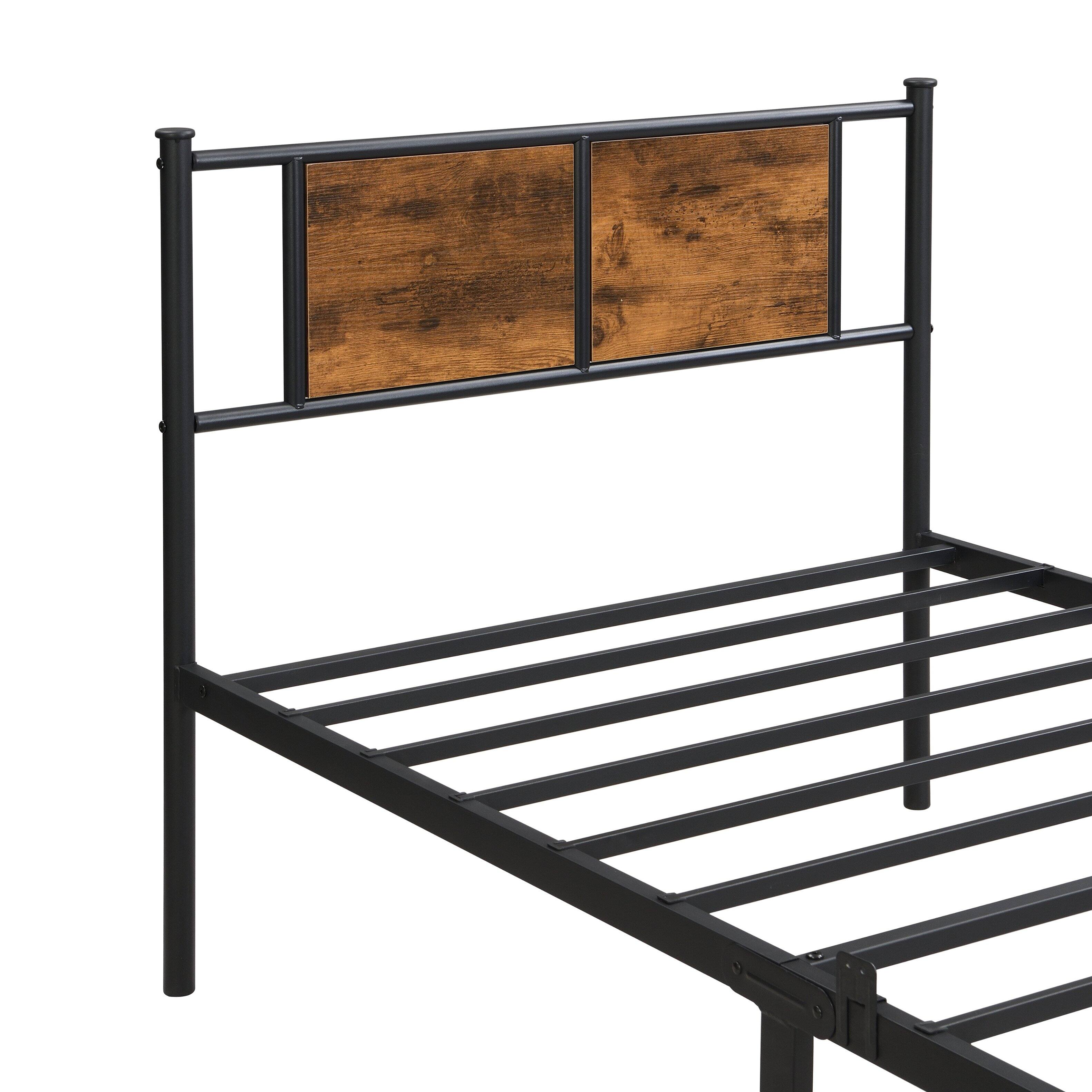 Alt View 1. LUCKY ONE - Twin XL Size Metal Bed Frame with Wood Panel Headboard, Steel Structure - Black+Brown.