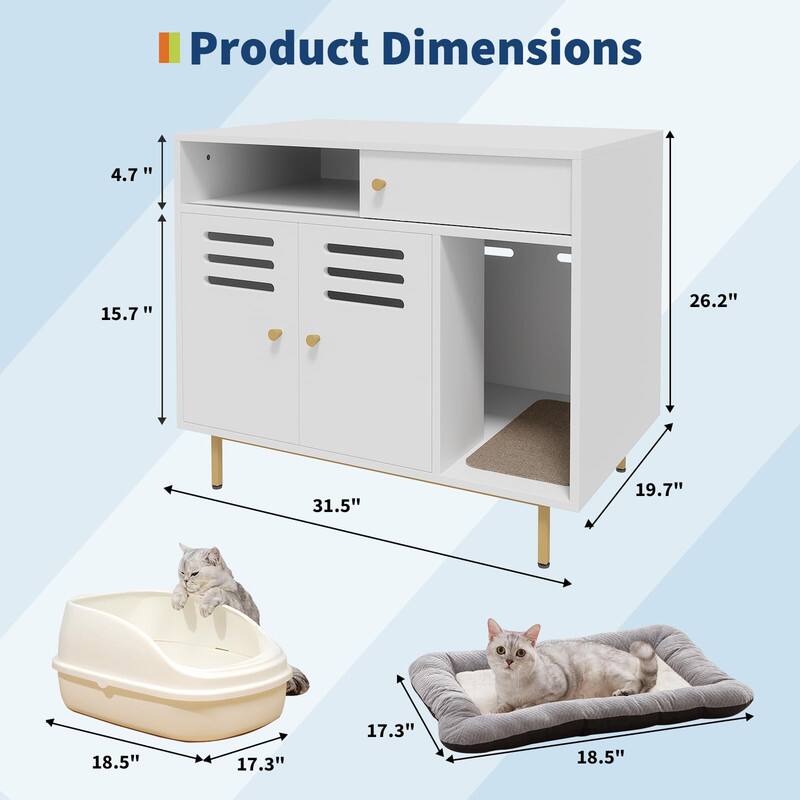 Product Dimensions

- Height: 26.2"
- Width: 31.5"
- Depth: 19.7"
- Shelf Height: 15.7"
- Top Shelf Height: 4.7"
- Cat Bed Dimensions: 18.5" x 17.3"
- Cat Litter Box Dimensions: 18.5" x 17.3"