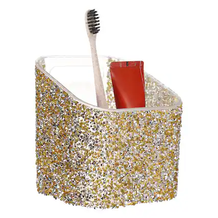 Front. Unique Bargains - 3.6 x 3.6 x 4.3 Inch Wall-Mounted Makeup Brush Holder with Clear Adhesive for Organizing Makeup Pencils - Light Gold.