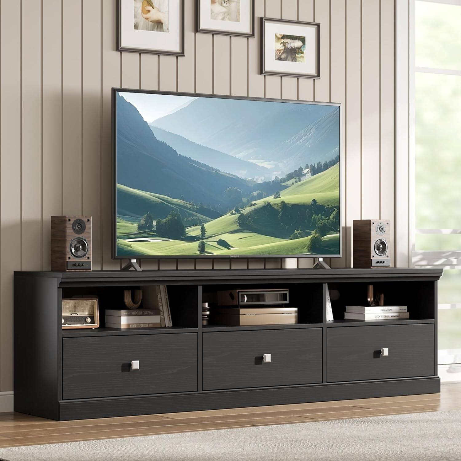 Front. Babevy - TV Stand for 65/70/75 Inch TVs, Mid-Century Modern Entertainment Center with Storage Drawer & Open Shelves - Black.