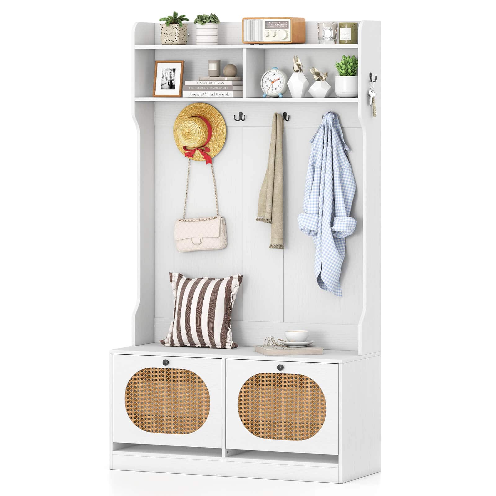 Costway - 4-In-1 Hall Tree Entryway Bench with Coat Rack & Flip Drawers 6 Dual-Hook Hangers - White