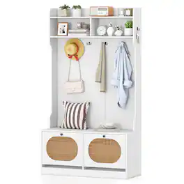 Costway - 4-In-1 Hall Tree Entryway Bench with Coat Rack & Flip Drawers 6 Dual-Hook Hangers - White