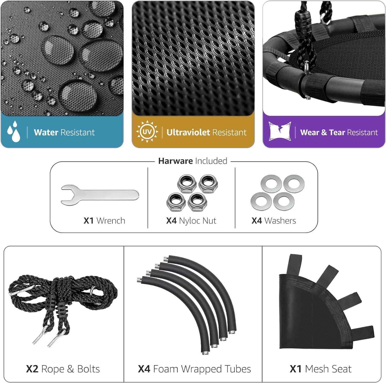 - Water Resistant
- Ultraviolet Resistant
- Wear & Tear Resistant

Hardware Included:
- X1 Wrench
- X4 Nyloc Nut
- X4 Washers

- X2 Rope & Bolts
- X4 Foam Wrapped Tubes
- X1 Mesh Seat