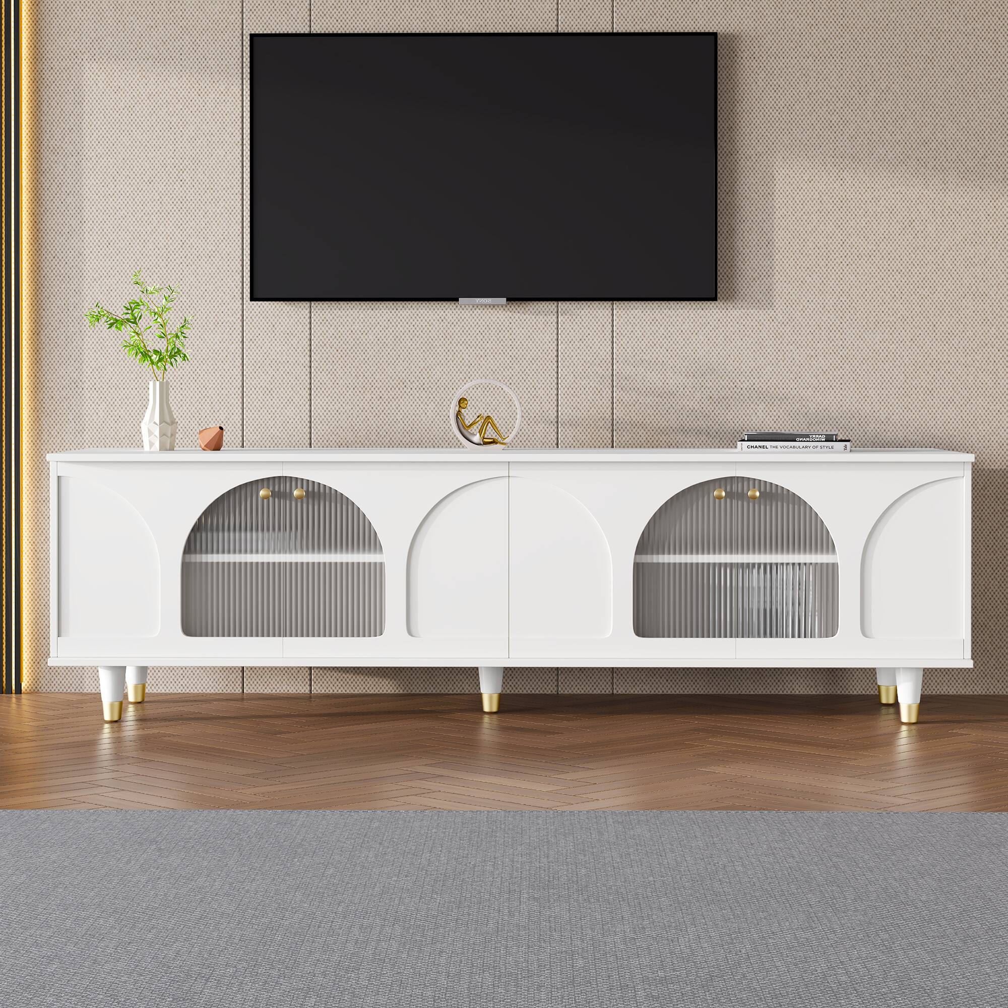 Angle. APRILSOUL - Contemporary TV Stand for TVs Up to 78 Gold Handles Arch Fluted Glass Living Room White - White.