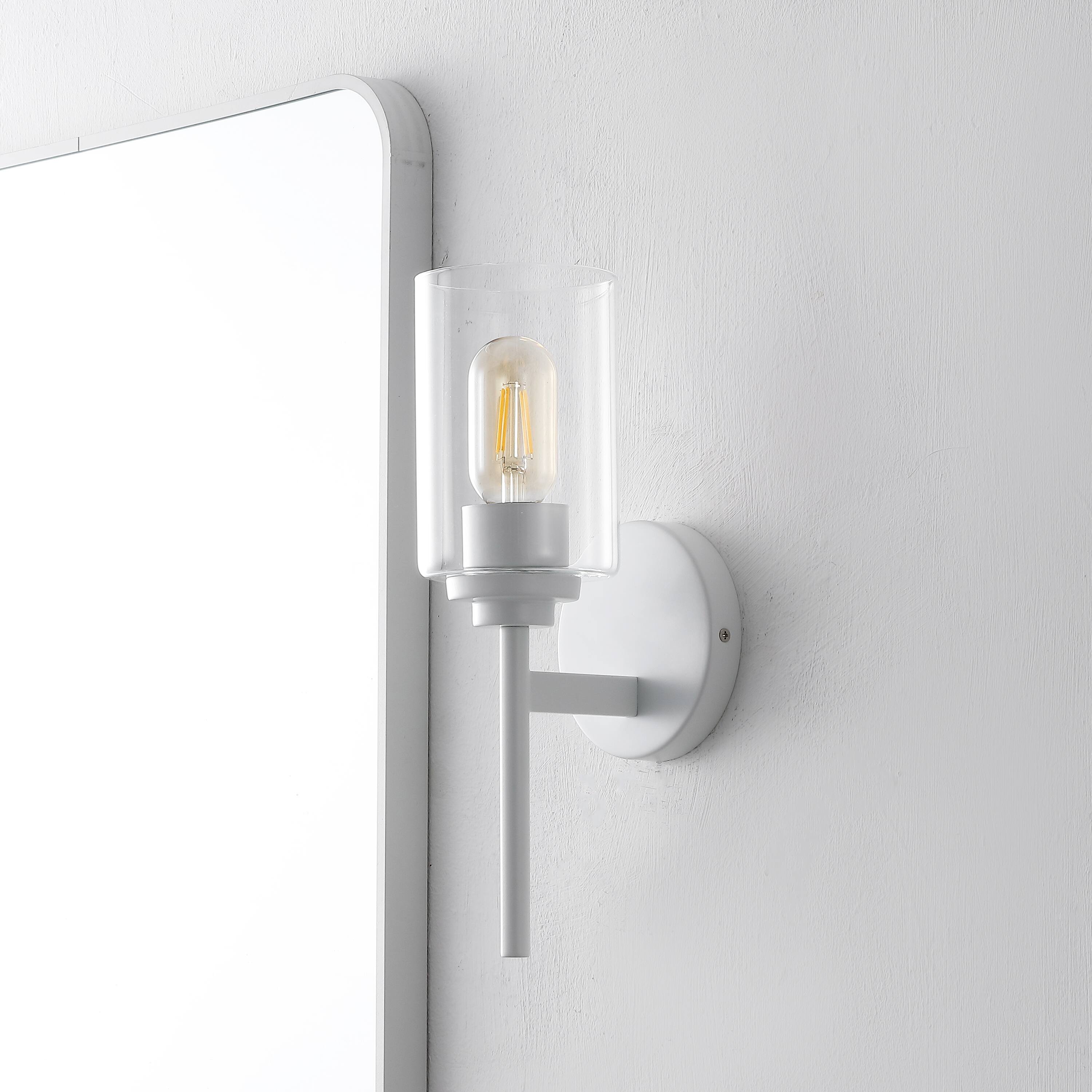 Alt View 5. Jonathan Y - Juno 13" 1-Light Farmhouse Industrial Metal/Glass Cylinder LED Sconce, White/Clear - White/Clear.