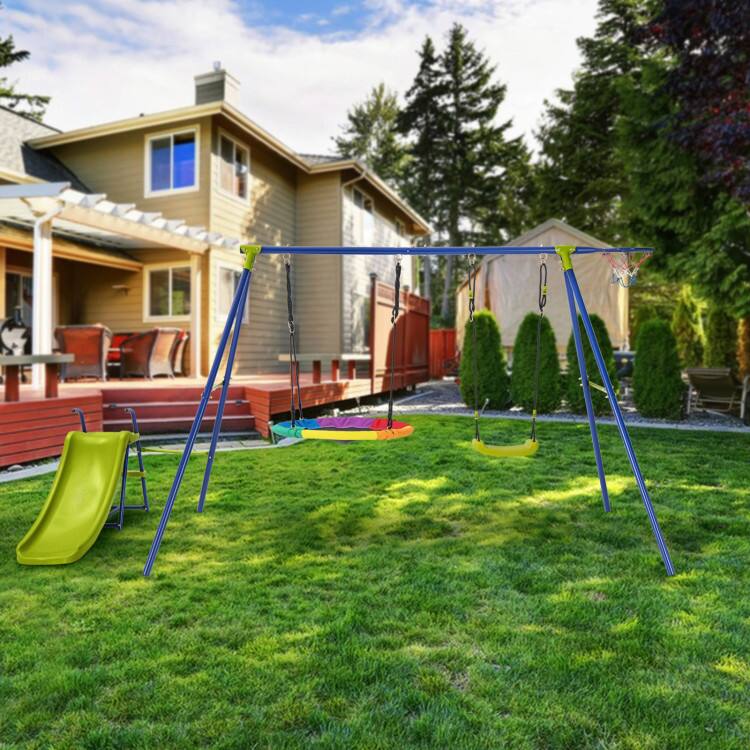Alt View 1. SlickBlue - 4-in-1 Metal Playset with Slide, Basketball Hoop, Swing and Climbing Features - Multicolor.