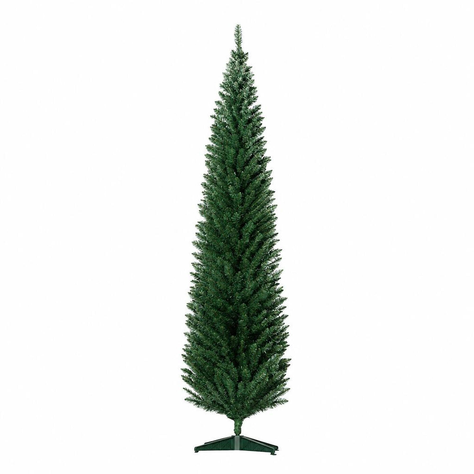 Front. RYHNUYNE - 8 Ft Slim Pencil Green Artificial Christmas Tree With 618 Realistic Tips,Plastic Base Narrow Space Saving Holiday - Green.
