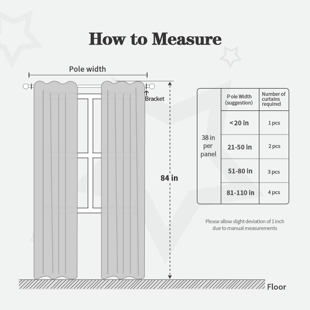 How to Measure

Pole width

38 in per panel

21-50 in 2 pcs 84 in

51-80 in 3 pcs

81-110 in 4 pcs

Please allow slight deviation of 1 inch due to manual measurements

Floor