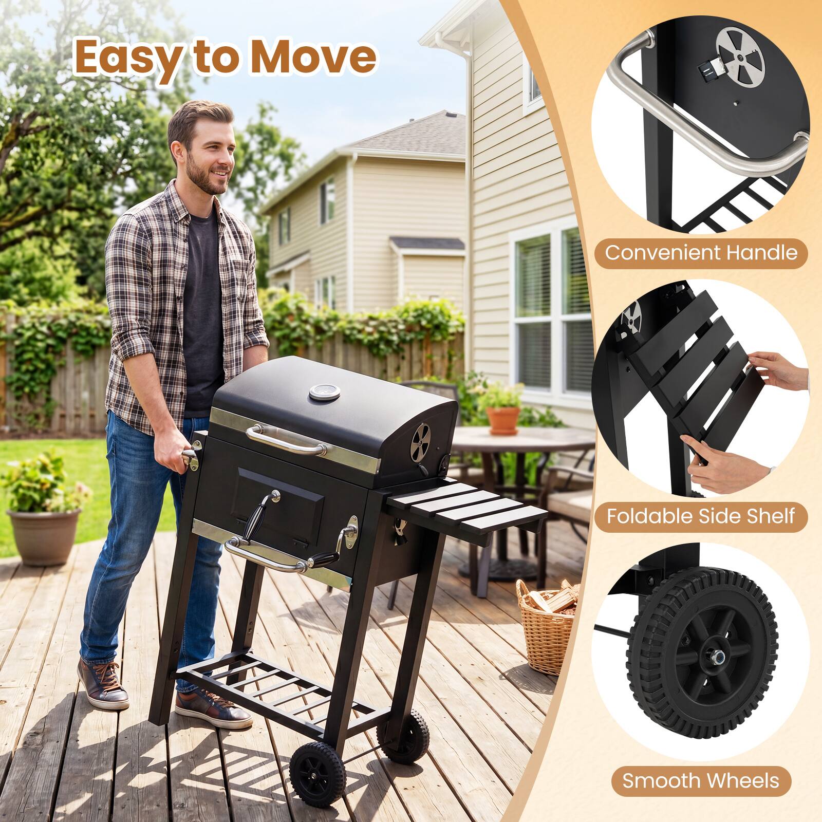 Easy to Move  
Convenient Handle  
Foldable Side Shelf  
Smooth Wheels