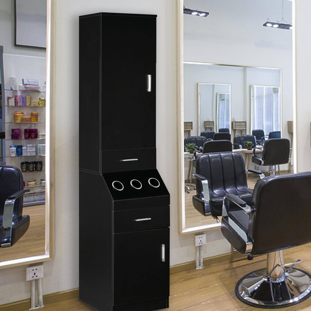 Back. Winado - Barber Storage Station Cabinet with 2 Drawers & 2-Tier Storage Shelf & 1 Storage Cabinet & 3 Hot Tool Holders for Beauty - Black.
