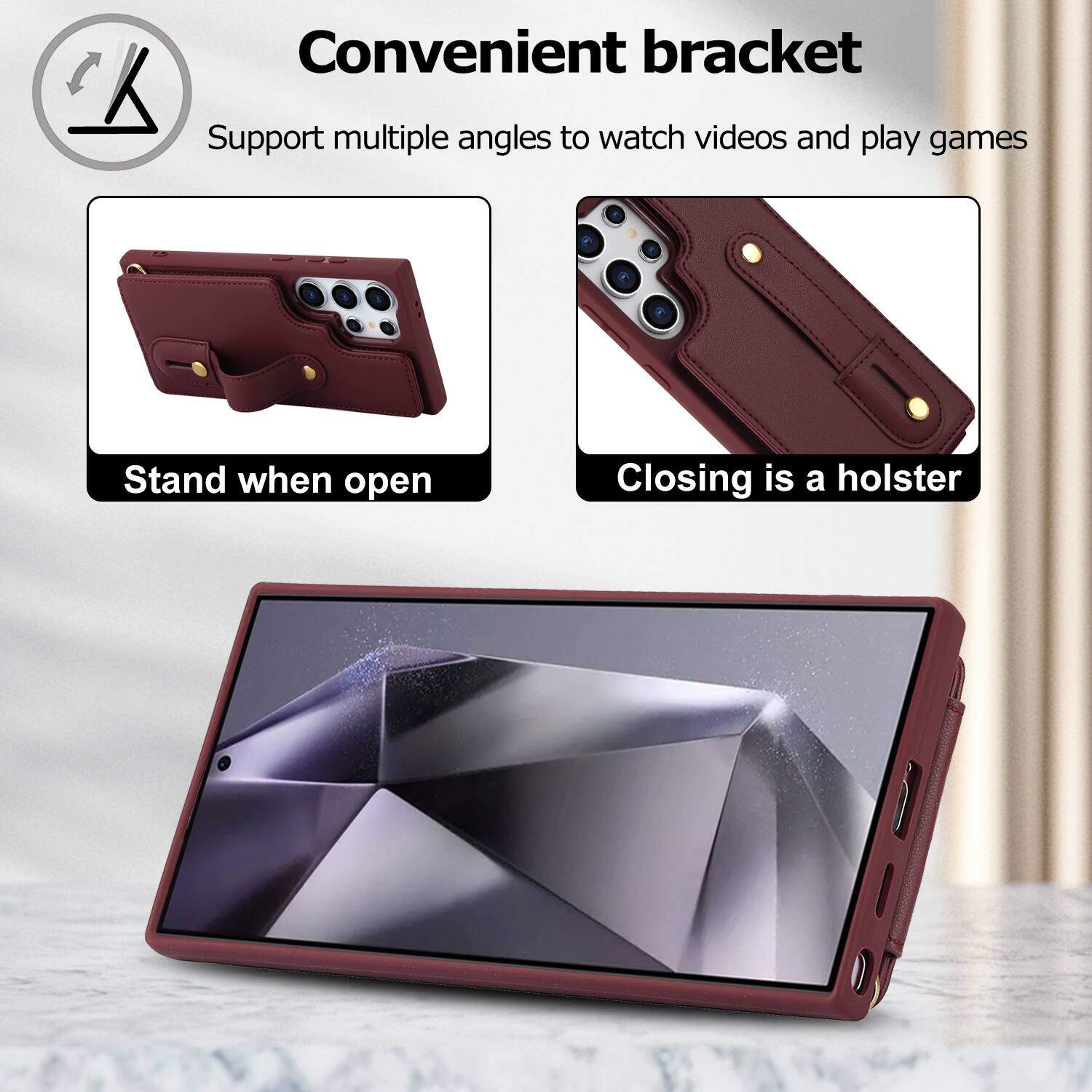 Convenient bracket  
Support multiple angles to watch videos and play games  
Stand when open  
Closing is a holster