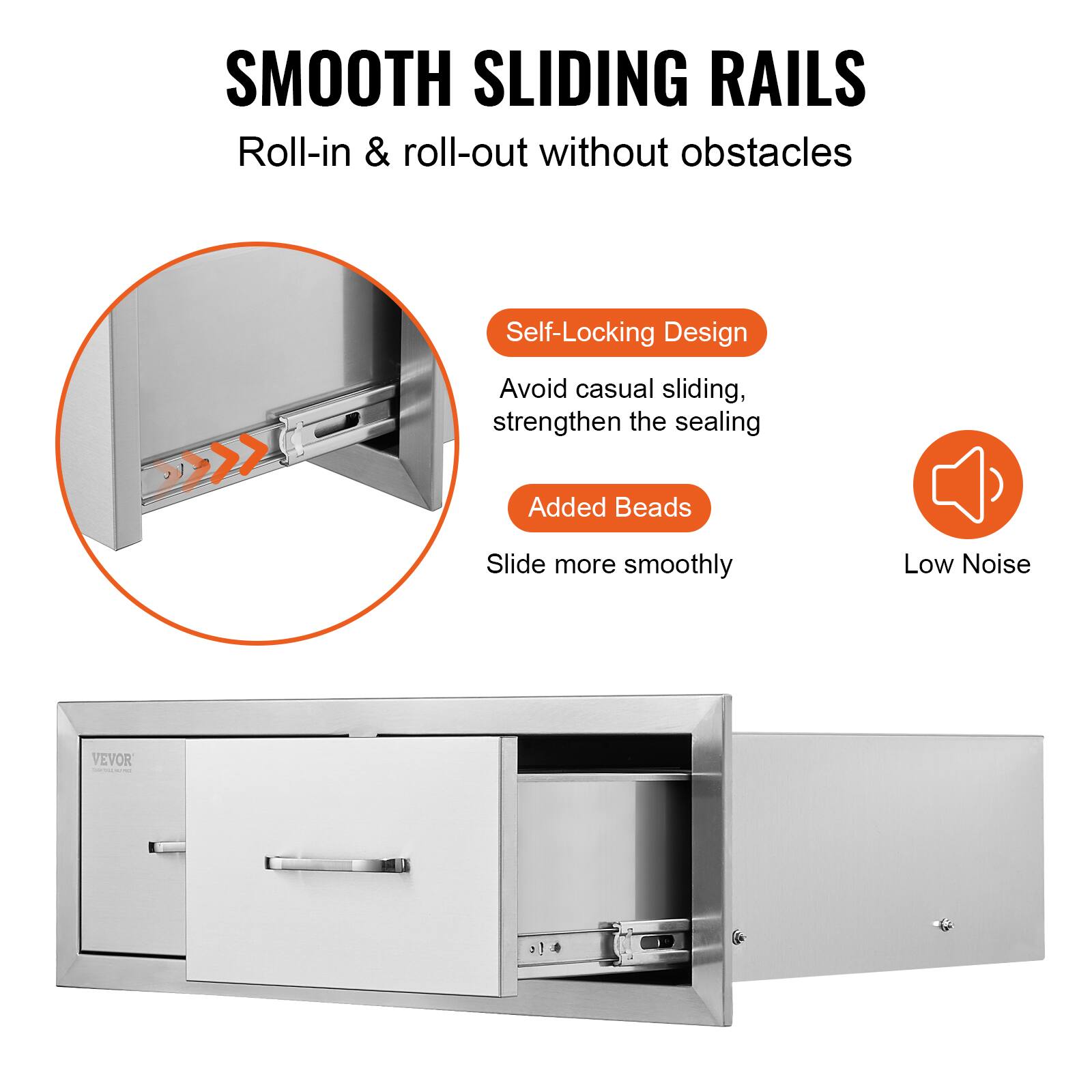 SMOOTH SLIDING RAILS  
Roll-in & roll-out without obstacles  

Self-Locking Design  
Avoid casual sliding, strengthen the sealing  

Added Beads  
Slide more smoothly  

Low Noise