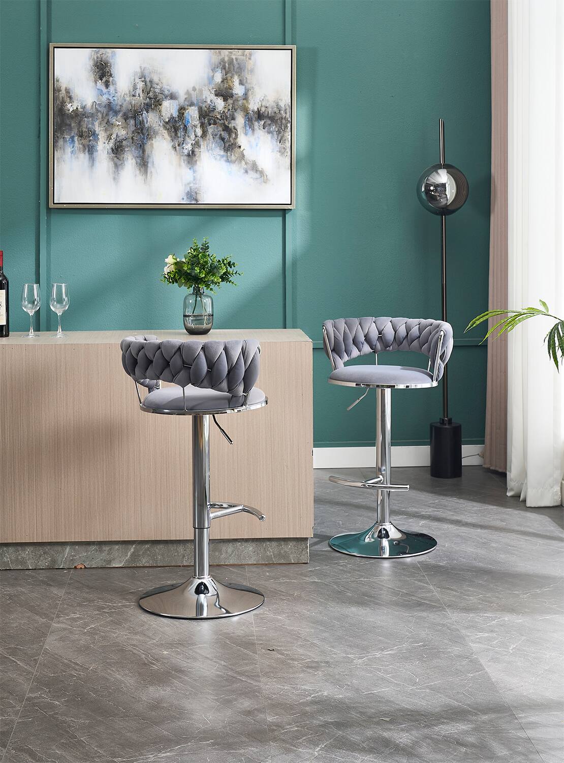 Left. APRILSOUL - Set of 2 Bar Stools Chrome Footrest Base Swivel Height Adjustable Velvet Chrome Leg GREY - White.
