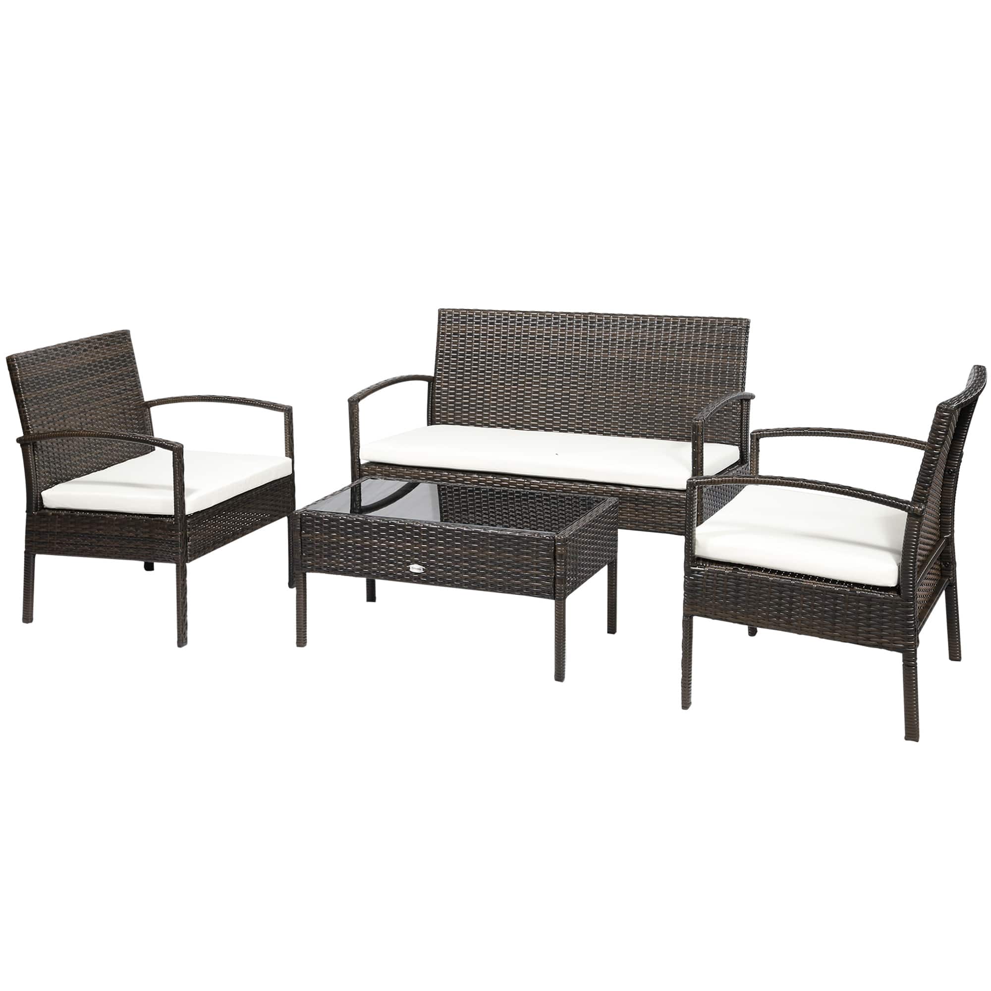 Outsunny - Patio Furniture Set, 4 Piece Indoor Outdoor PE Wicker Conversation Set with Chairs, Loveseat Sofa, Cushions - Brown Rattan