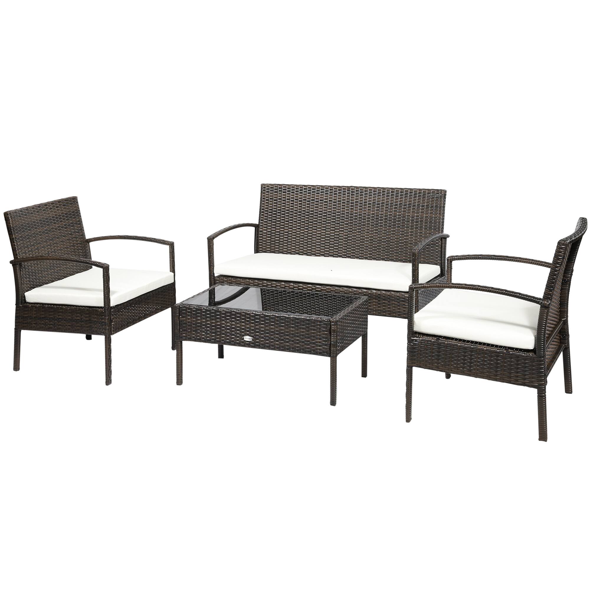 Front. Outsunny - Patio Furniture Set, 4 Piece Indoor Outdoor PE Wicker Conversation Set with Chairs, Loveseat Sofa, Cushions - Brown Rattan.