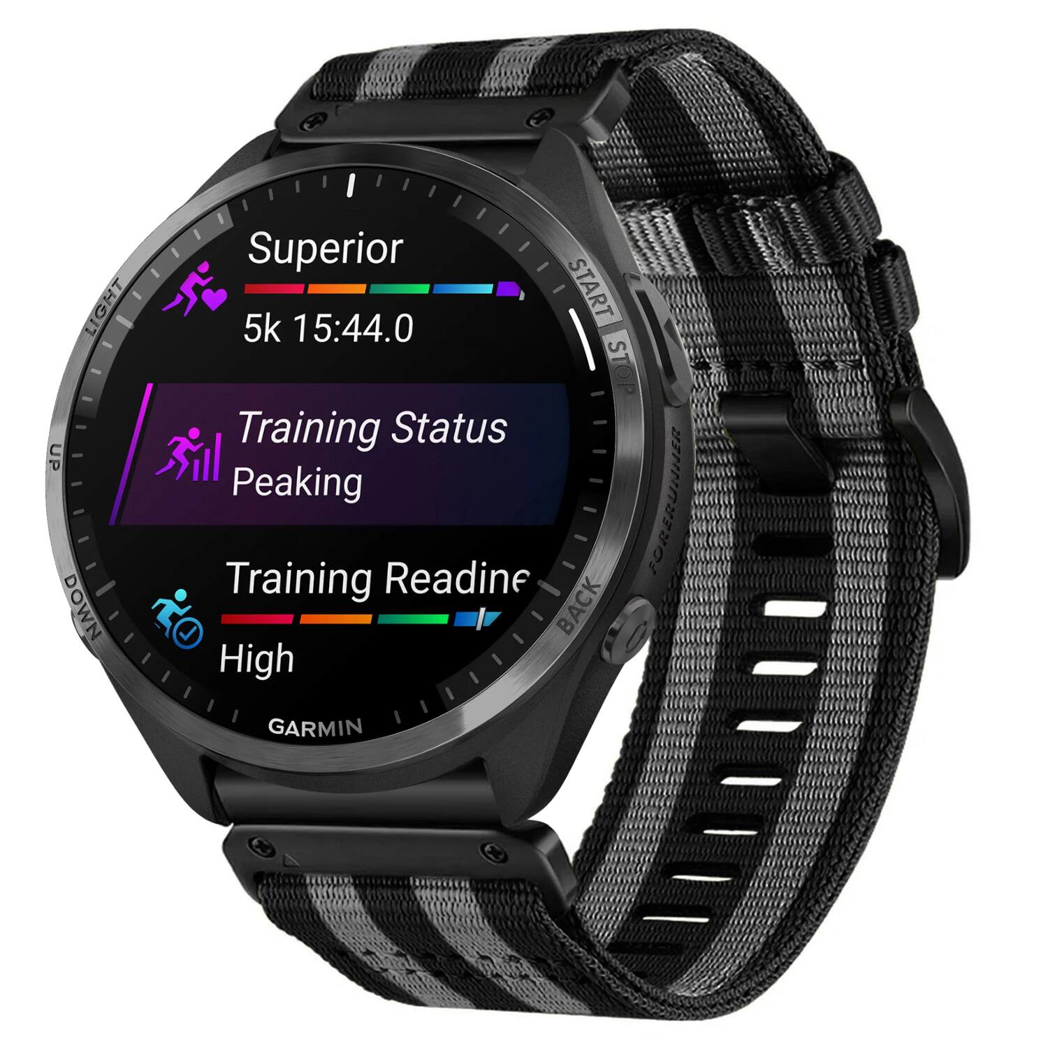 Superior  
5k 15:44.0  

Training Status  
Peaking  

Training Readiness  
High  

GARMIN