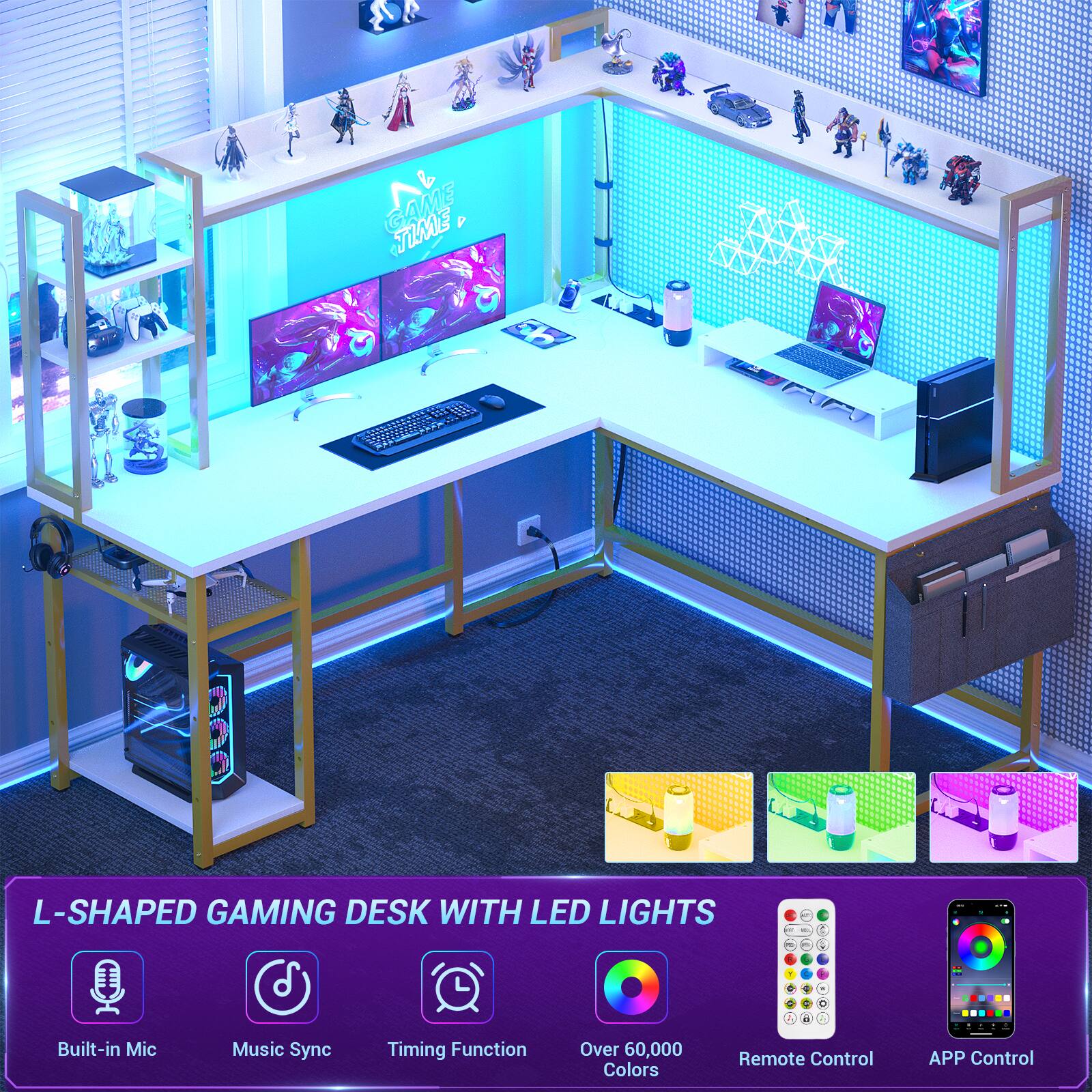 L-Shaped Gaming Desk with LED Lights

- Built-in Mic
- Music Sync
- Timing Function
- Over 60,000 Colors
- Remote Control
- APP Control