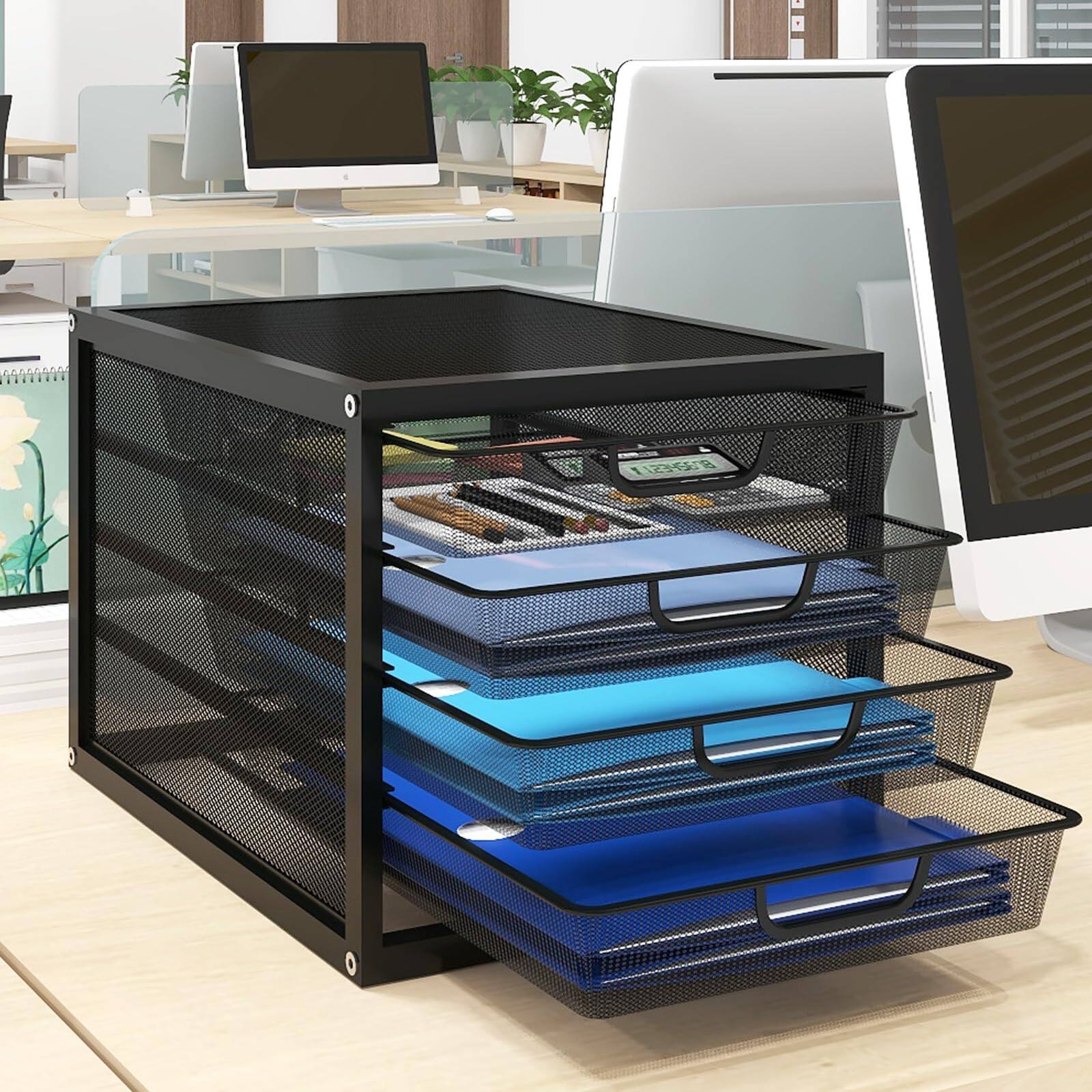 Alt View 3. Paradigms Interiors - Mesh Desk Organizer With 4 Tier Sliding Drawers Office Supplies Desktop Organizers And Accessories Statione... - Black-6 drawers.