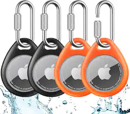 UNBREAKcable - AirTag Holder Case 4-Pack with Professional Locking Carabiner, Waterproof, Shockproof, Easy to Install - Black/Orange