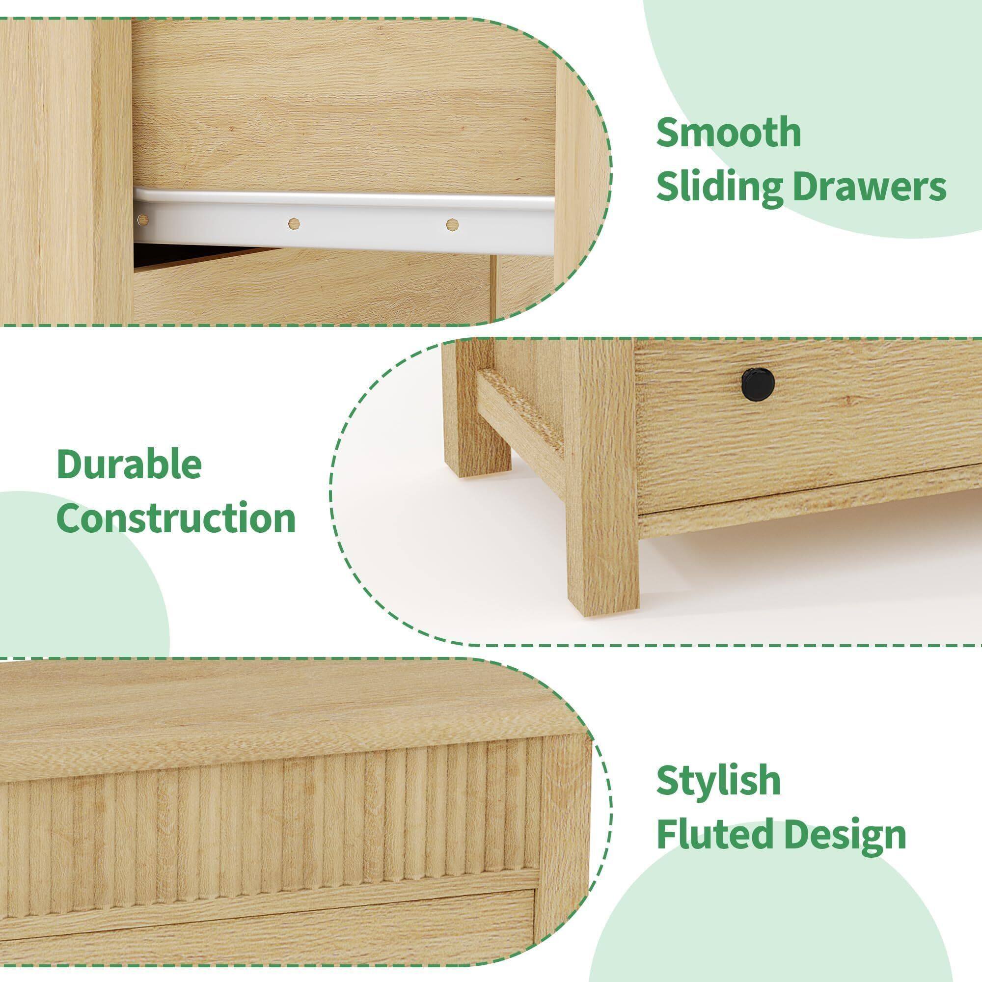 Smooth Sliding Drawers  
Durable Construction  
Stylish Fluted Design