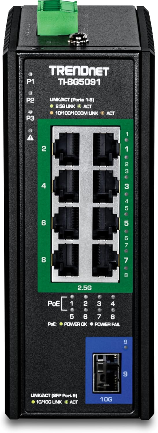 TRENDnet TI-BG5091

P1 P2 P3

LINK/ACT (Ports 1-8)
- 2.5G LINK * ACT
- 10/100/1000M LINK * ACT

2.5G PoE
- POWER OK
- POWER FAIL

LINK/ACT (SFP Port 9)
- 1G/10G LINK * ACT