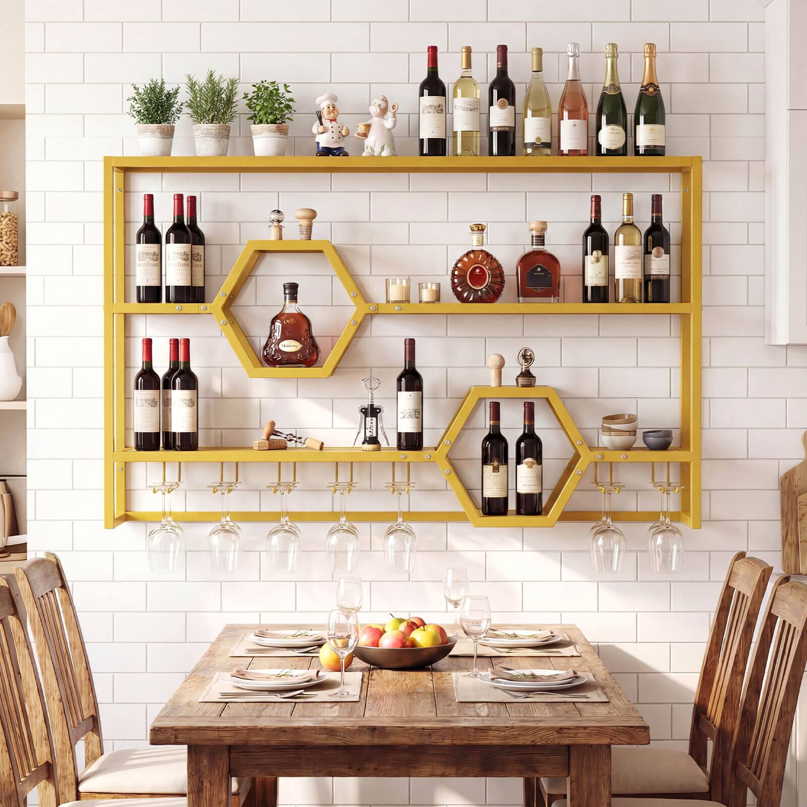 Alt View 3. Costway - Costway Wall Mounted Wine Rack 47" Large Floating Bar Shelves with Glass Holder for Kitchen - Gold.