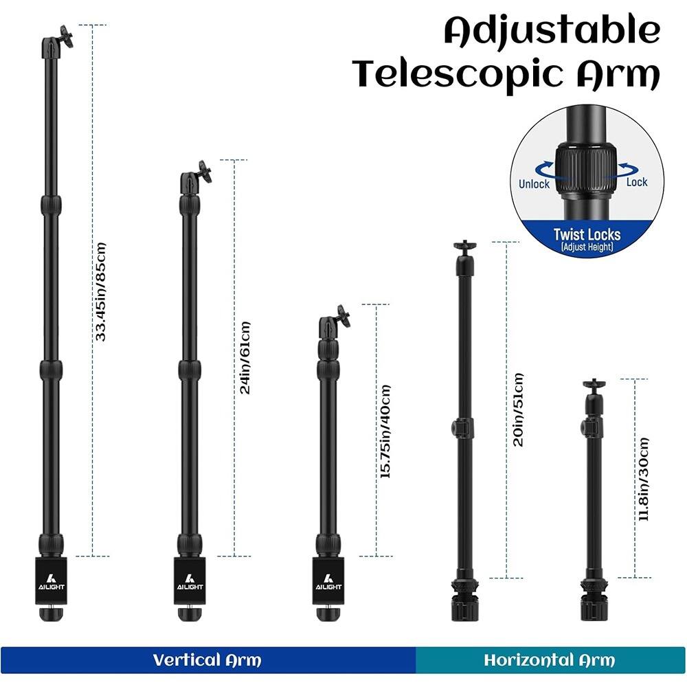 Adjustable Telescopic Arm

Vertical Arm:
- 33.45in/85cm
- 24in/61cm
- 15.75in/40cm

Horizontal Arm:
- 20in/51cm
- 11.8in/30cm

Unlock Lock Twist Locks (Adjust Height)

Vertical Arm
Horizontal Arm