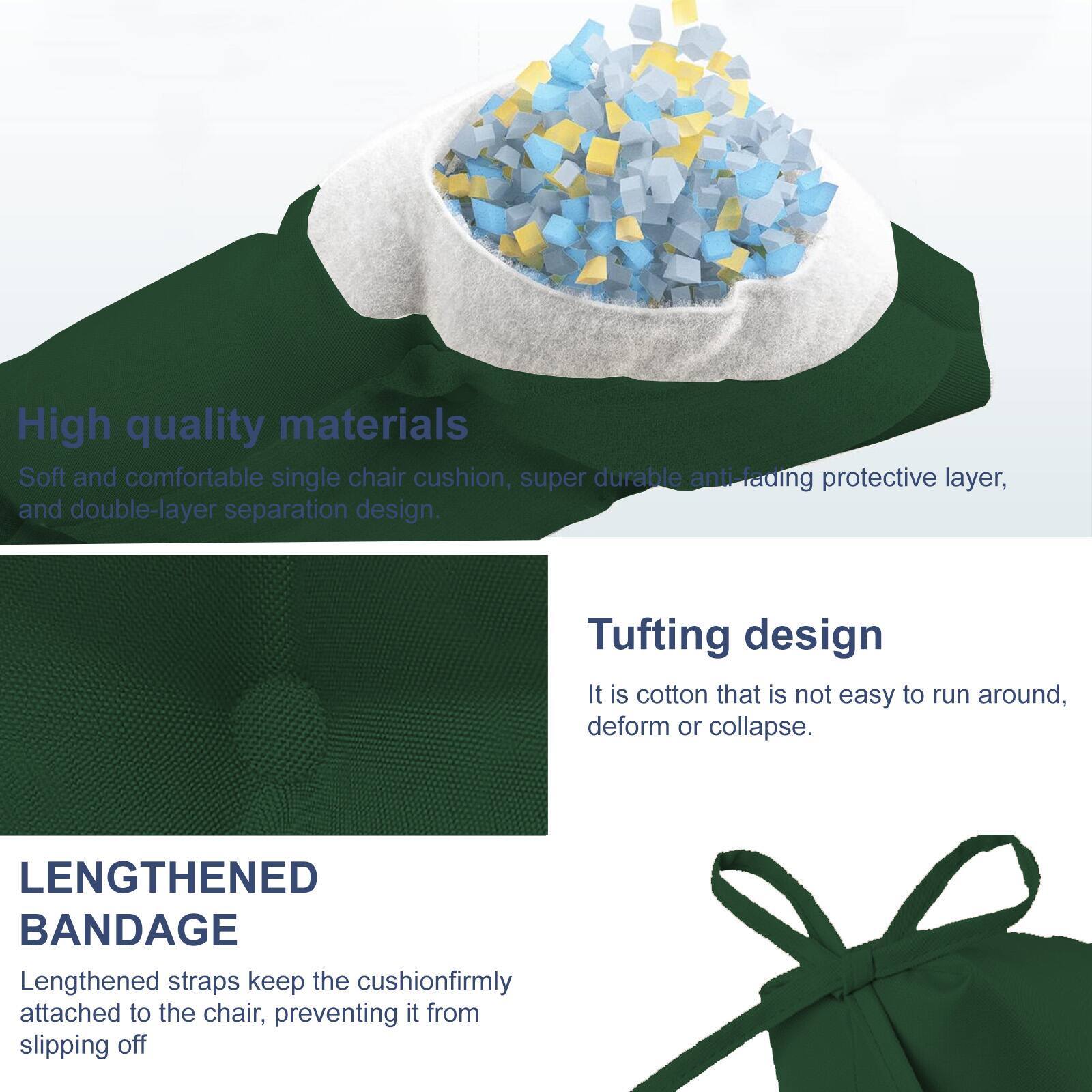 High quality materials  
Soft and comfortable single chair cushion, super durable anti-fading protective layer, and double-layer separation design.

Tufting design  
It is cotton that is not easy to run around, deform or collapse.

LENGTHENED BANDAGE  
Lengthened straps keep the cushion firmly attached to the chair, preventing it from slipping off