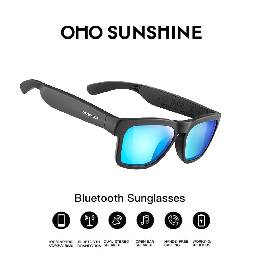 OHO SUNSHINE, CC RoHS 1-2015, Bluetooth Sunglasses, IOS/ANDROID, BLUETOOTH, DUAL STEREO, OPEN EAR, HANDS-FREE, WORKING: 10 HOURS, COMPATIBLE, CONNECTION, SPEAKER, CALLING, SPEAKER