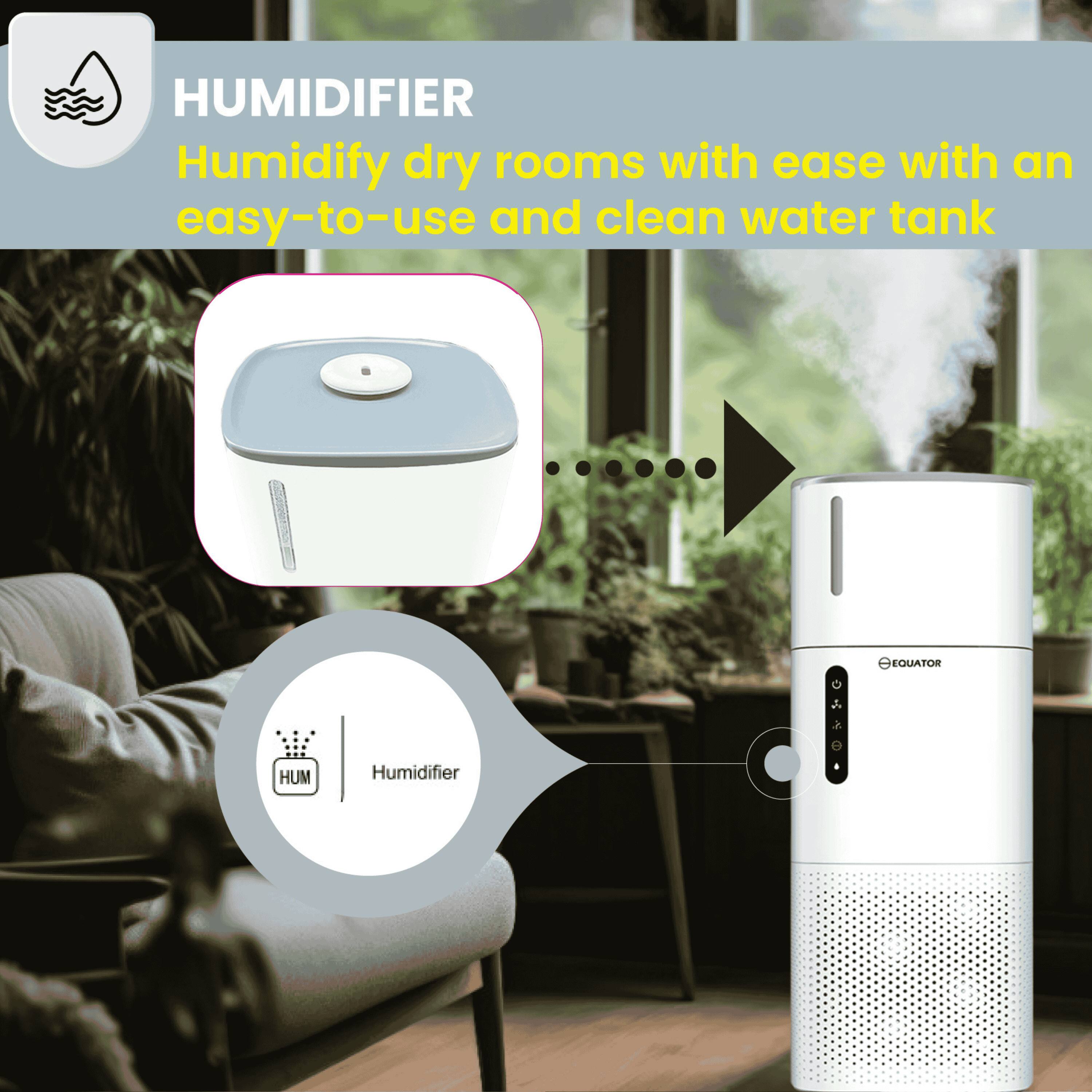 HUMIDIFIER  
Humidify dry rooms with ease with an easy-to-use and clean water tank  

HUM  
Humidifier  

EQUATOR