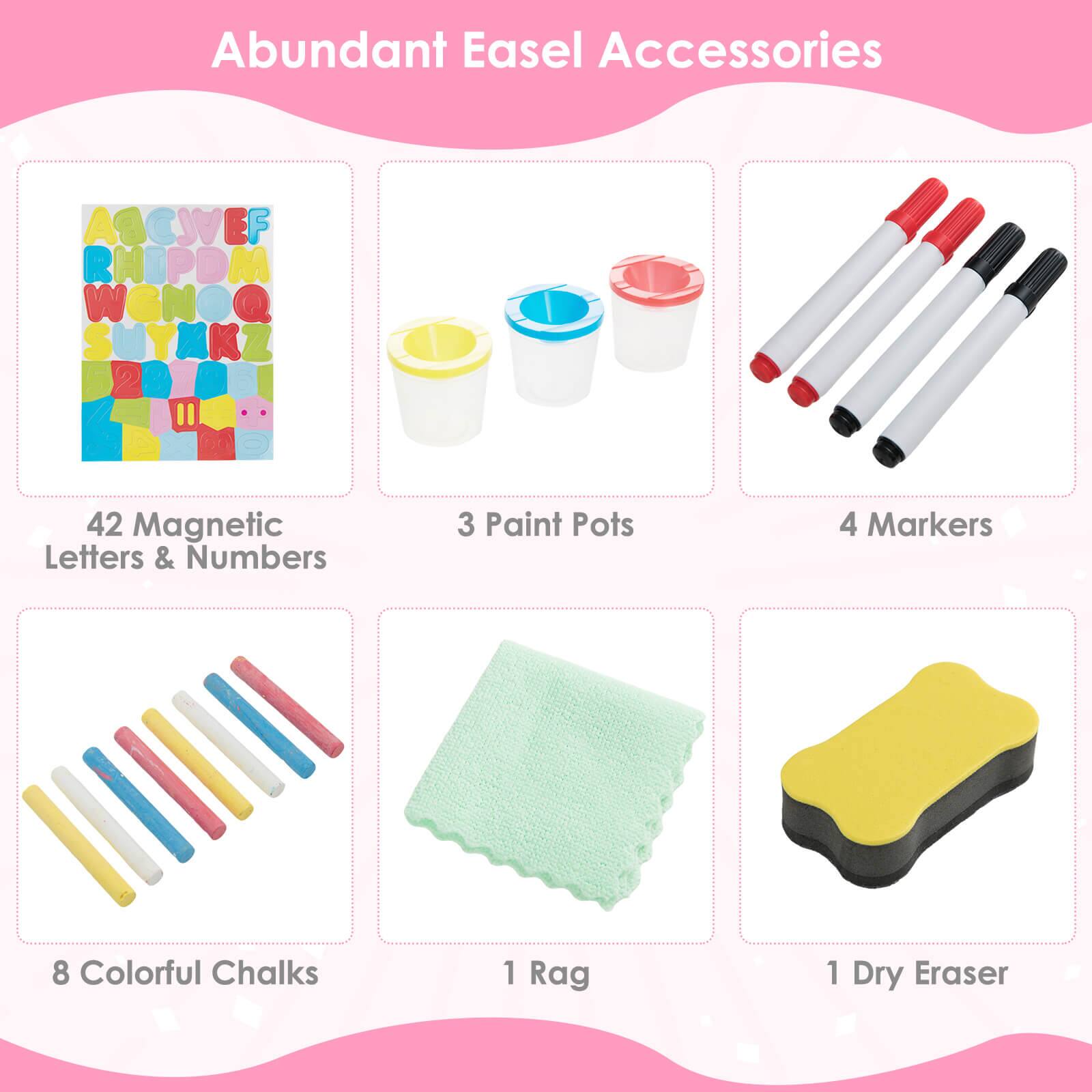 Abundant Easel Accessories

- 42 Magnetic Letters & Numbers
- 3 Paint Pots
- 4 Markers
- 8 Colorful Chalks
- 1 Rag
- 1 Dry Eraser